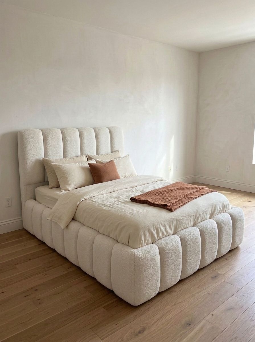 A soft, sculptural bed in ivory bouclé fabric, with a tall rounded channel headboard and thick pillow-style channels wrapping the whole frame. Cozy, modern, and a real statement piece.