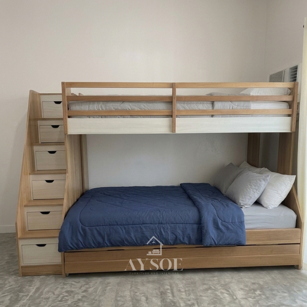A natural wood bunk bed with a safety-railed top bunk, a wider bottom bed, a staircase with five storage drawers, and a pull-out trundle that sleeps a third. Space-saving and built to last.