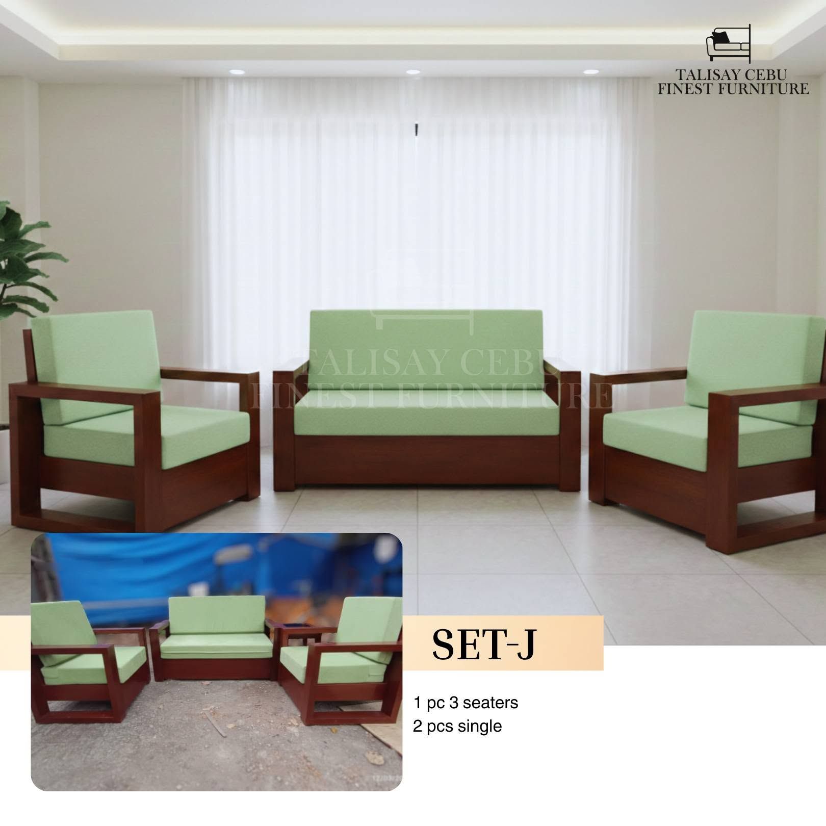  The pieces feature thick, solid reddish-brown wooden frames with a wide, boxy armrest design.