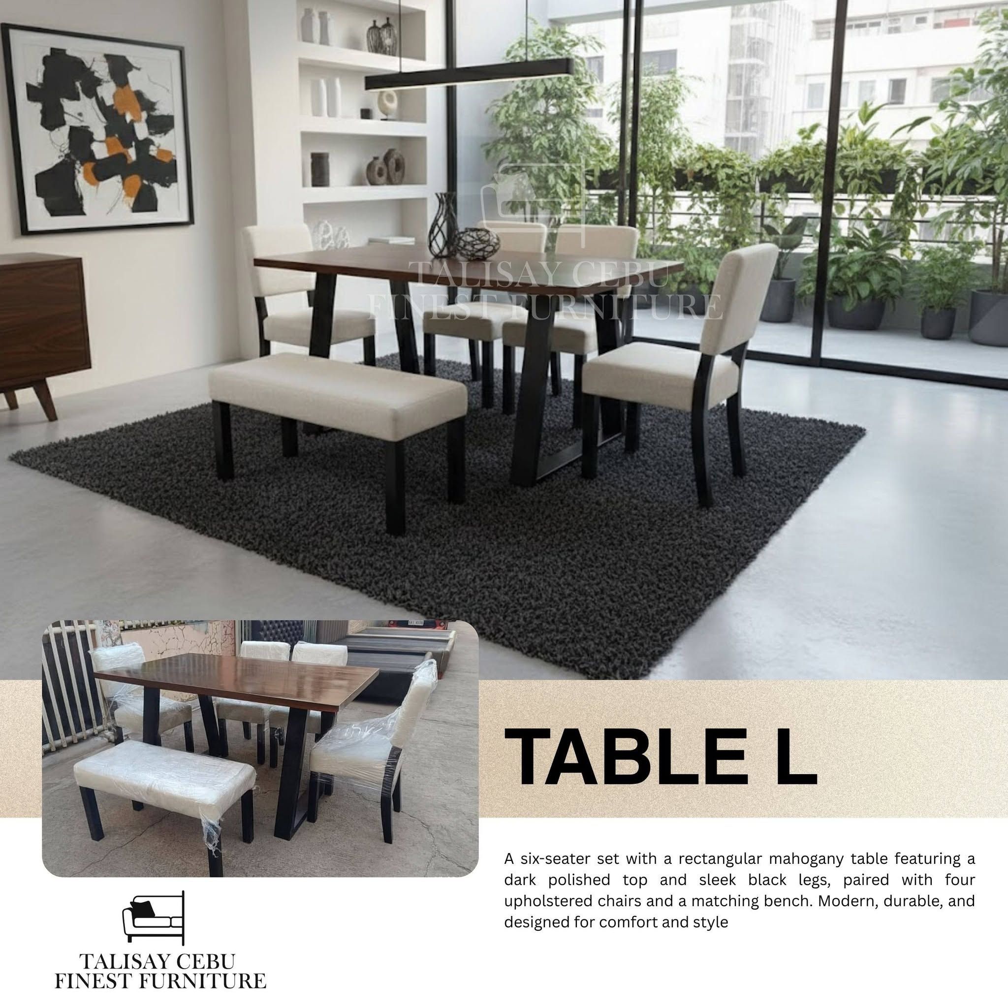 Table: A rectangular dining table featuring a dark polished mahogany wood top supported by sleek, modern black metal legs.