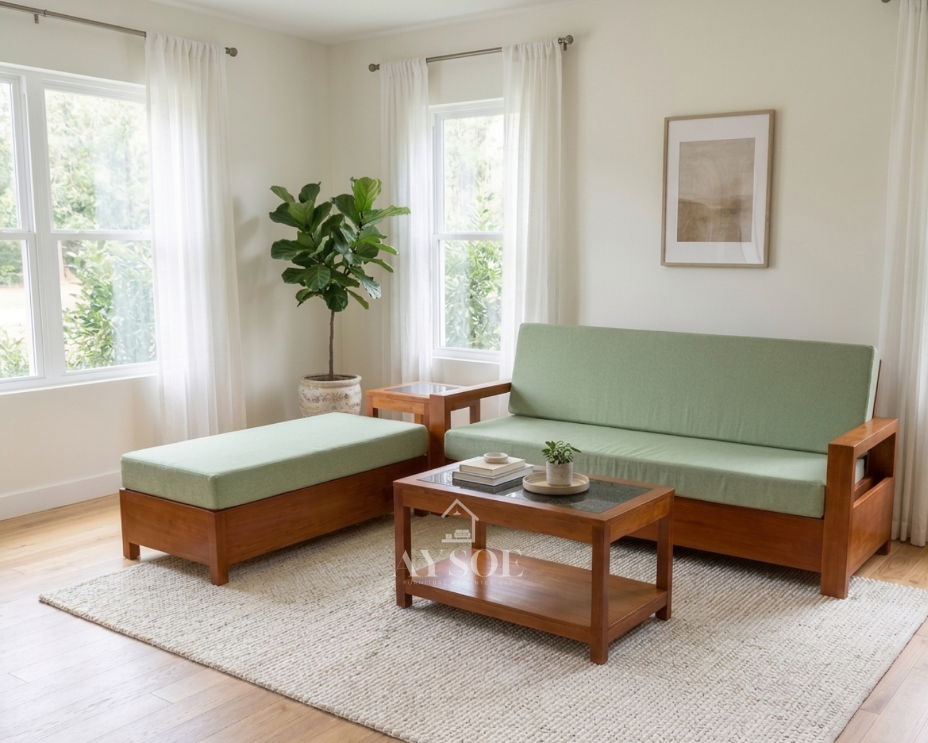 A 4-piece living set with a honey-cherry solid wood frame and soft mint-green cushions: a three-seater sofa, a chaise bench, a stone-inset coffee table, and a matching side table. Fresh, sturdy, made to order.