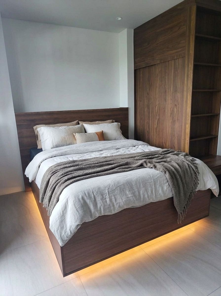 A modern walnut wood-grain platform bed that looks like it’s floating, with warm LED lighting underneath and a full-width panel headboard. Clean lines, rich grain, and a calm, hotel-style glow.