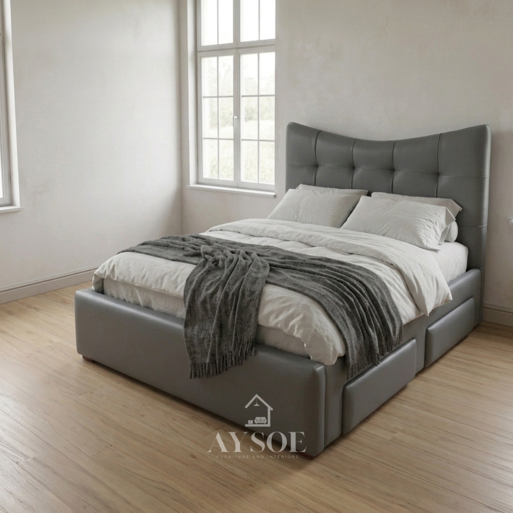 Steel-blue leatherette bed with a curved-top headboard of plush square tufted panels and a smooth, fully wrapped frame. Easy to clean. Available in various sizes, in fabric or leather.