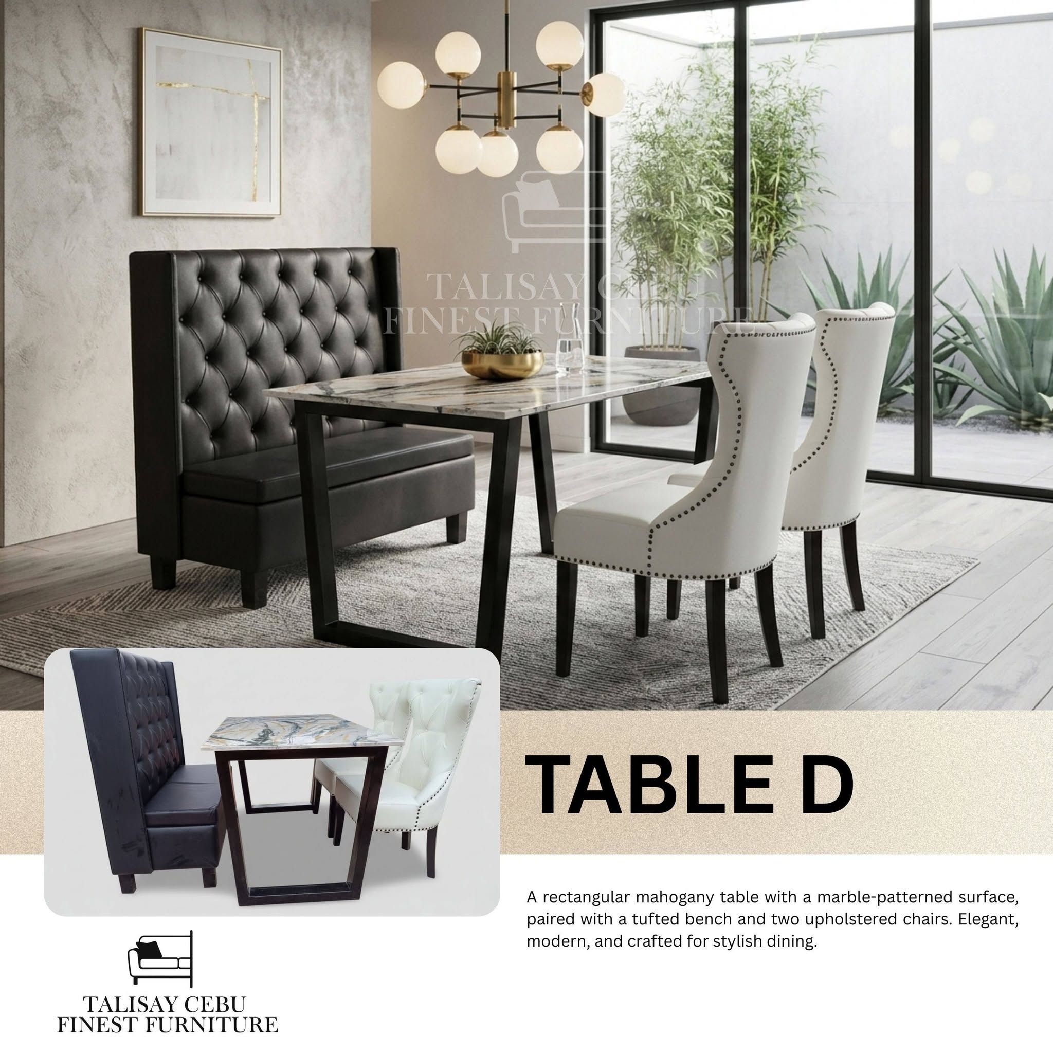 A rectangular table with a dark mahogany/black base and a marble-patterned tabletop with elegant gray and beige veining.