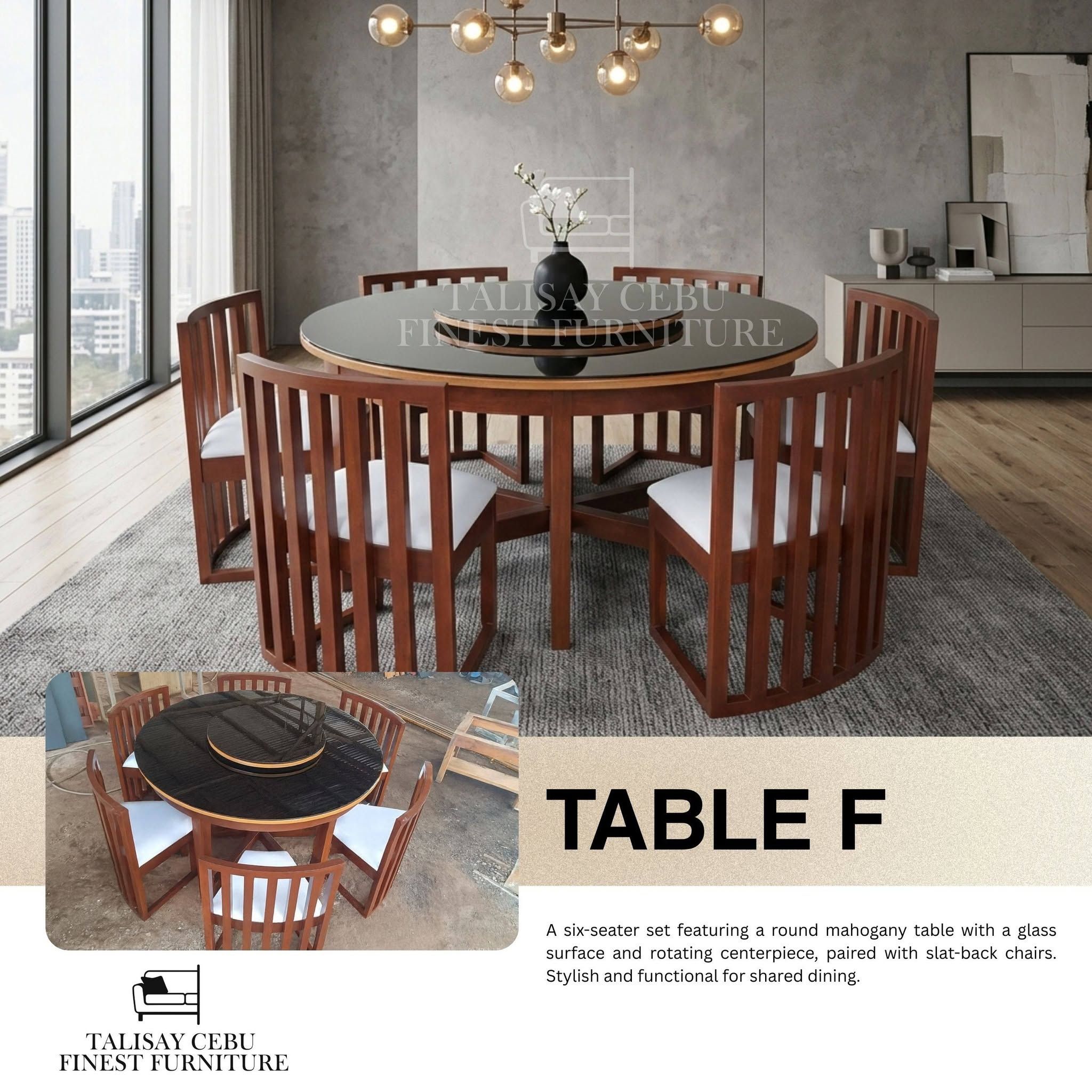 A large round mahogany table with a dark glass tabletop and a raised, rotating centerpiece/lazy Susan in the middle.