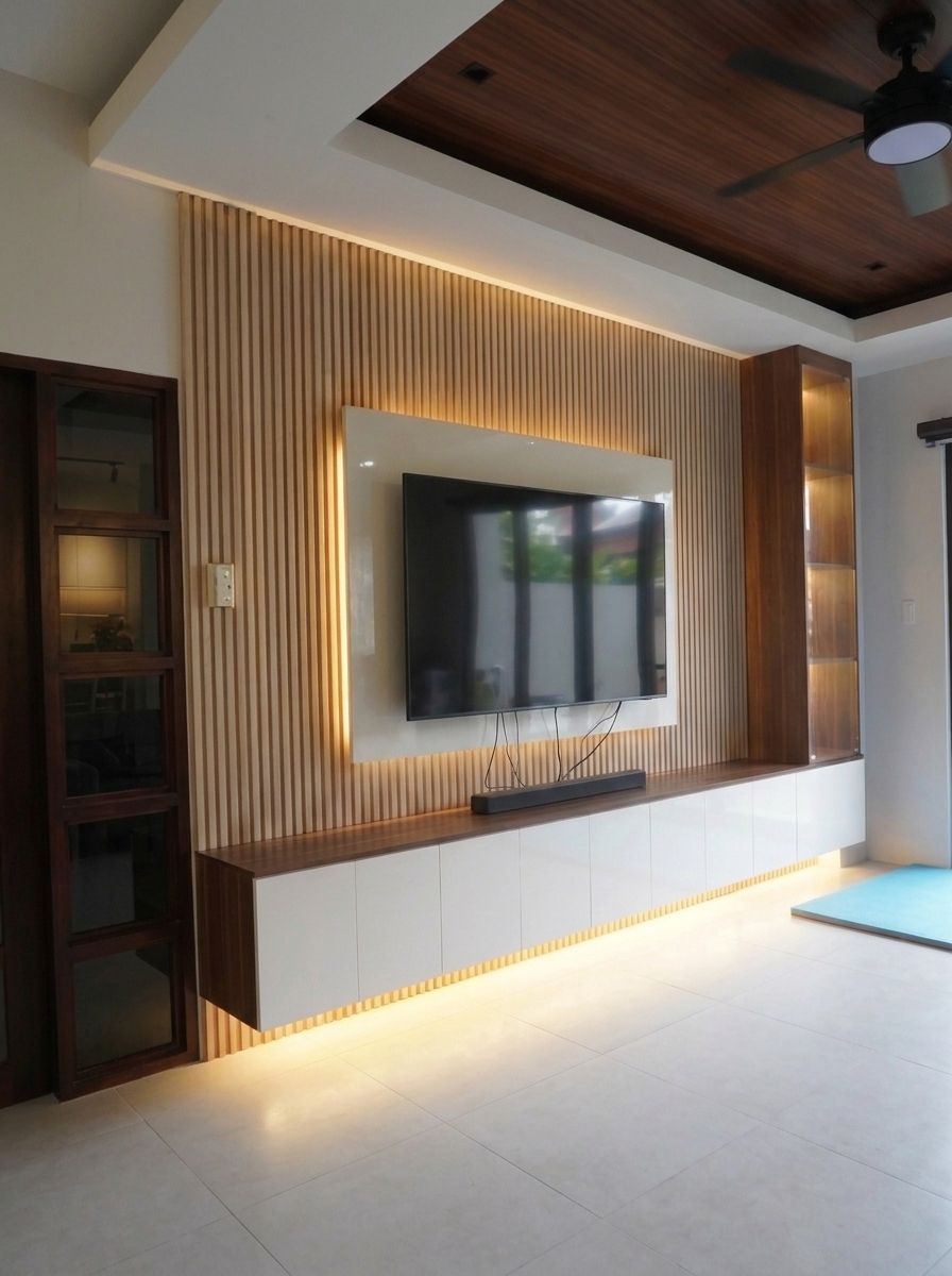 A built-in TV wall with a vertical wood-slat feature panel, a white gloss TV backing, a long floating storage cabinet, and a tall glass-door display tower. Warm LED lighting makes it glow. Made to fit your wall.