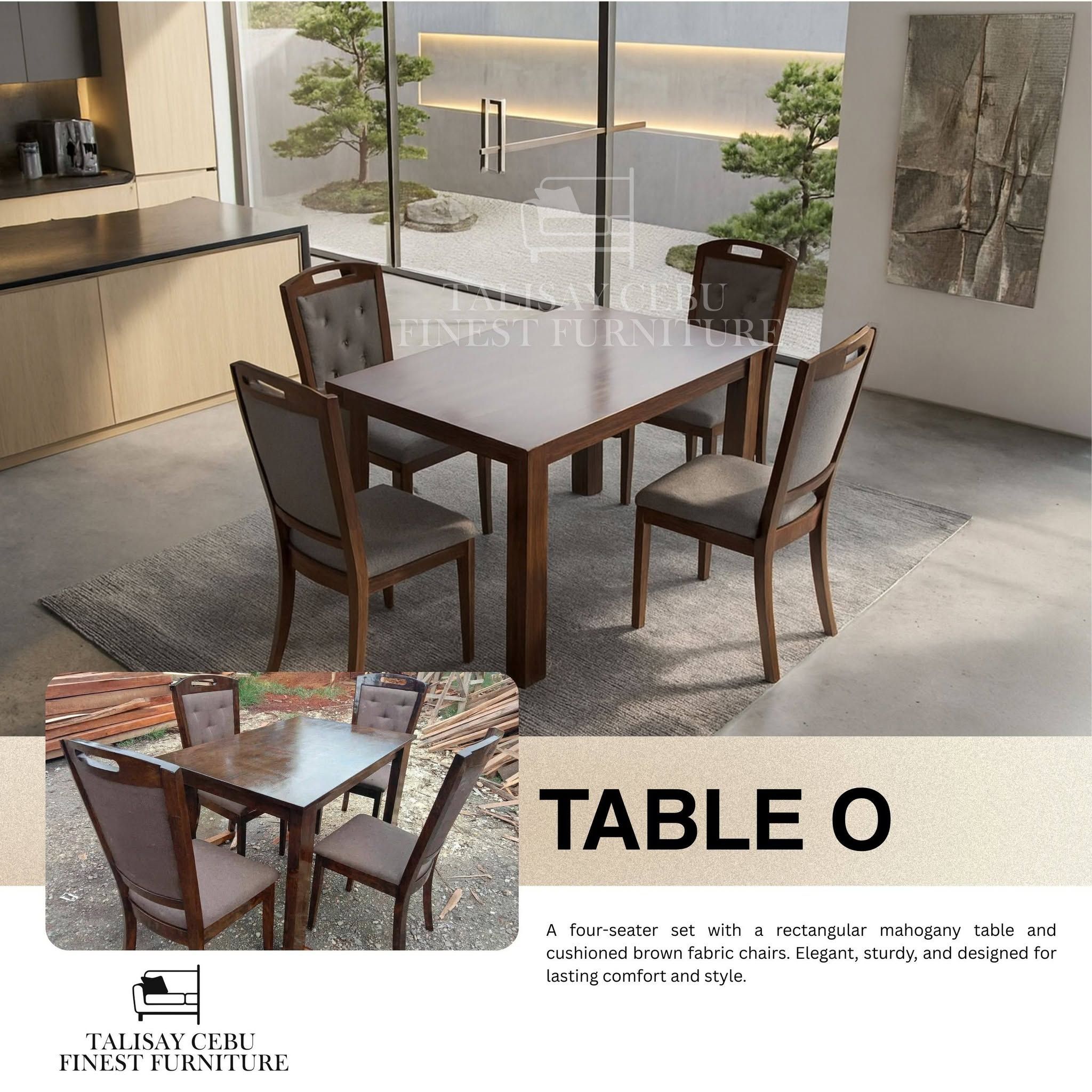 A rectangular, dark mahogany-colored wooden dining table is placed in the center, paired with four matching wooden chairs.