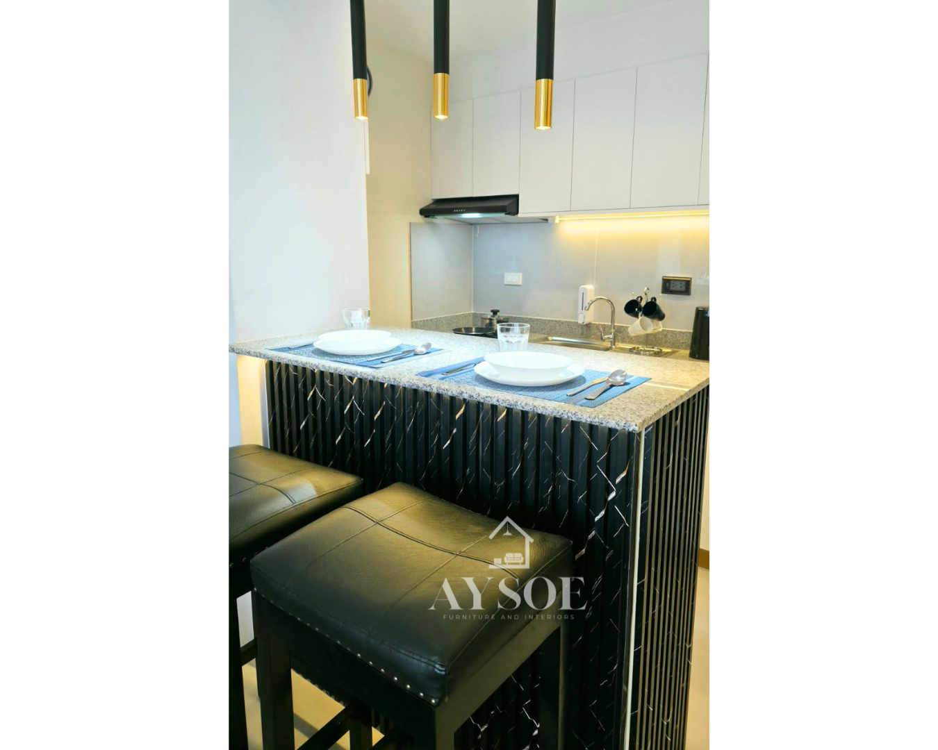 A complete custom condo set with a marble-look TV wall, floating vanity, mirror wardrobe, slim shoe cabinet, and bathroom mirror cabinet with shelves. Stylish, space-saving, and built to fit.