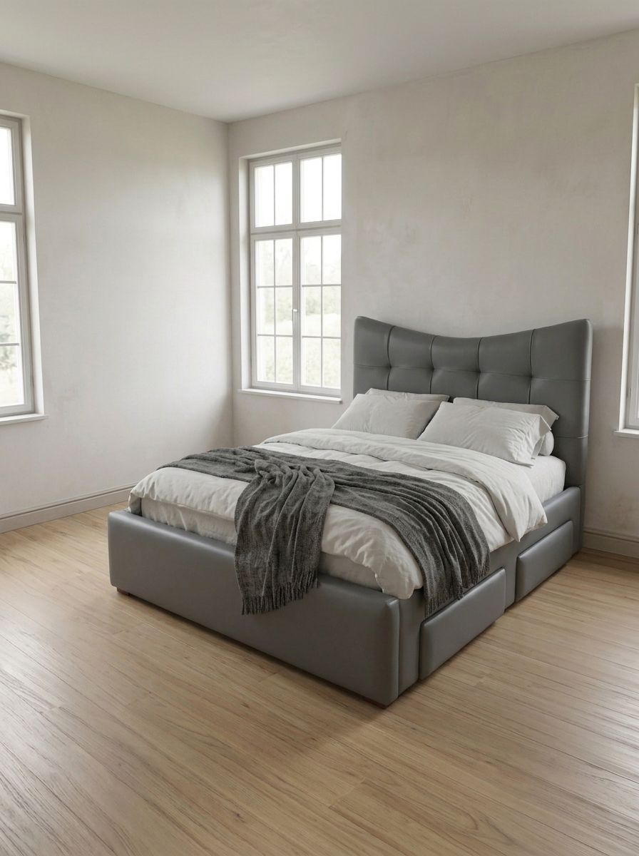 A modern upholstered bed in soft steel-blue leatherette, with a curved-top headboard of plush square tufted panels and a smooth, fully wrapped frame. Clean, distinctive, and easy to wipe clean.