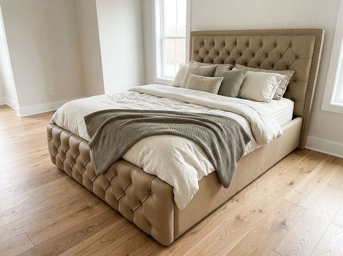 The mahogany frame is upholstered in a light cream or tan leatherette. It retains the signature diamond button-tufting on both the headboard and the footboard, accented with small metal nailhead trim along the borders.