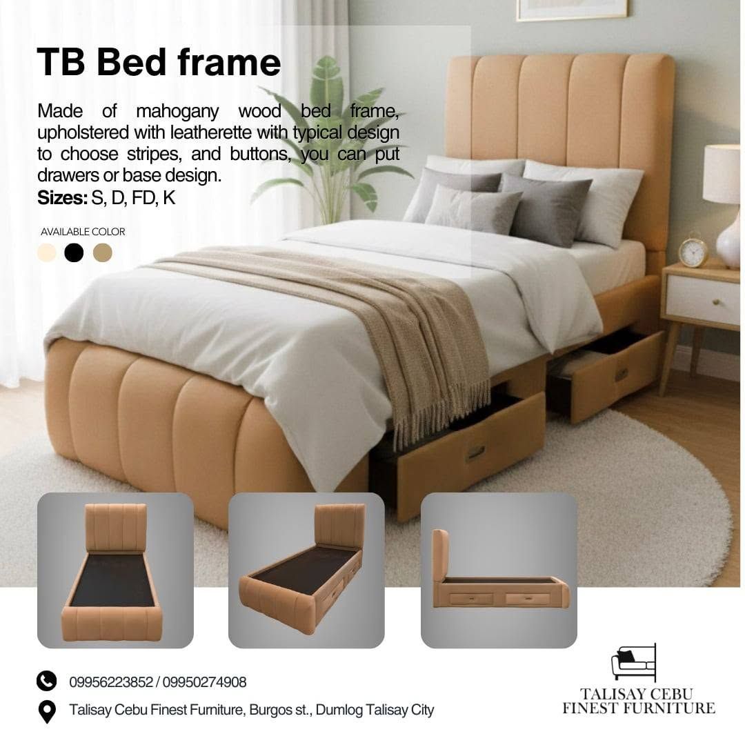 A mahogany wood bed frame upholstered in a light tan or camel leatherette.
