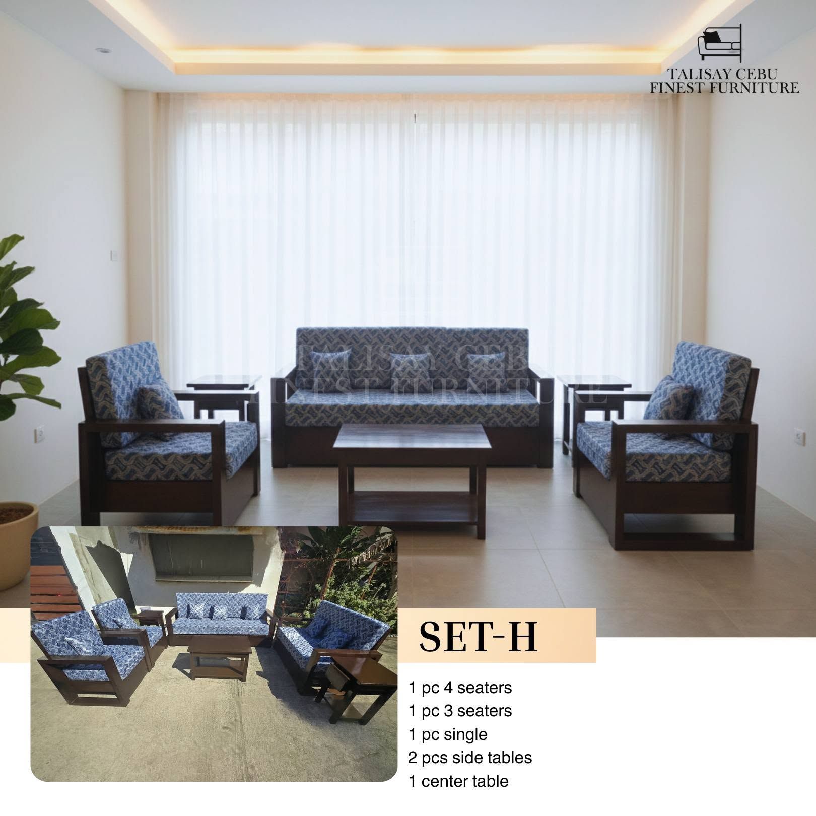 The set features dark-stained, block-style wooden frames. The thick cushions and matching small throw pillows are upholstered in a distinct blue and grey patterned fabric with a geometric or damask-like motif.The