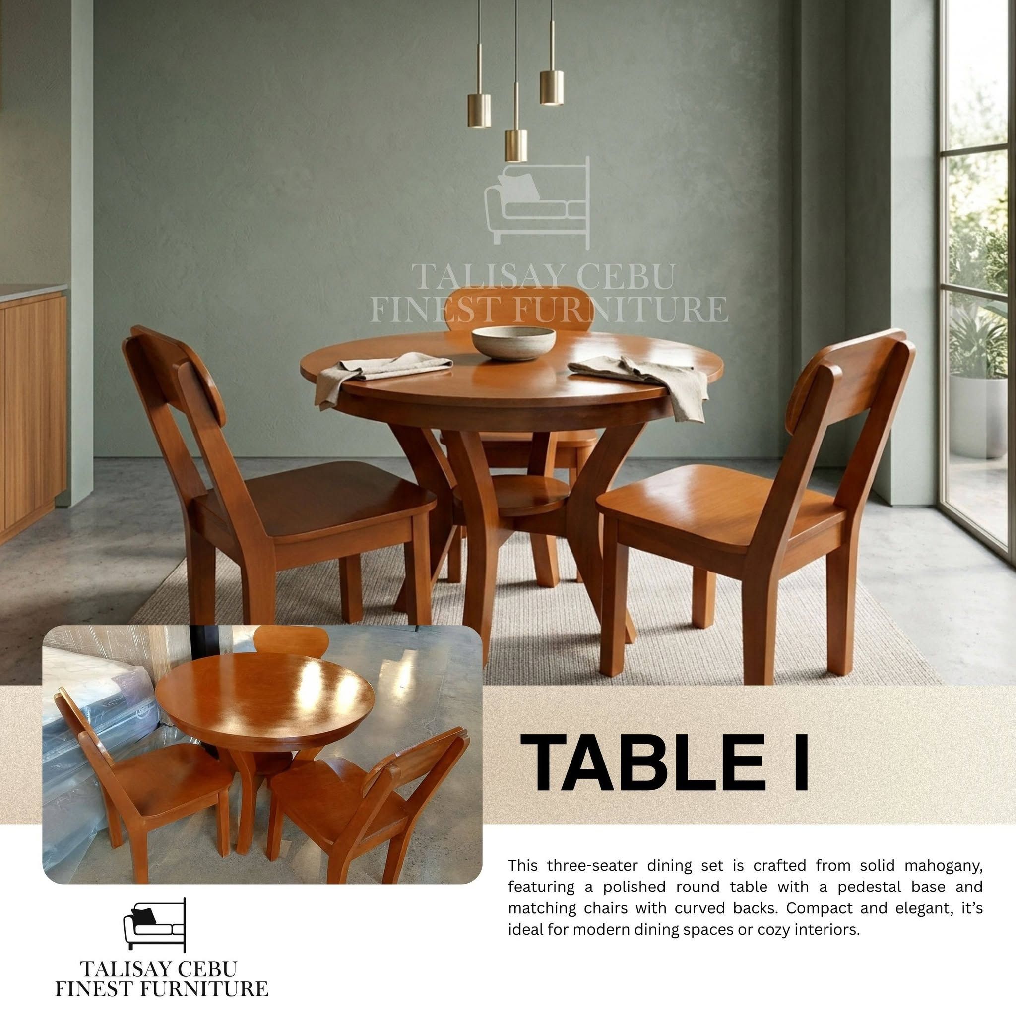  A polished round wooden dining table with a pedestal-style base made of thick interlocking wood panels.