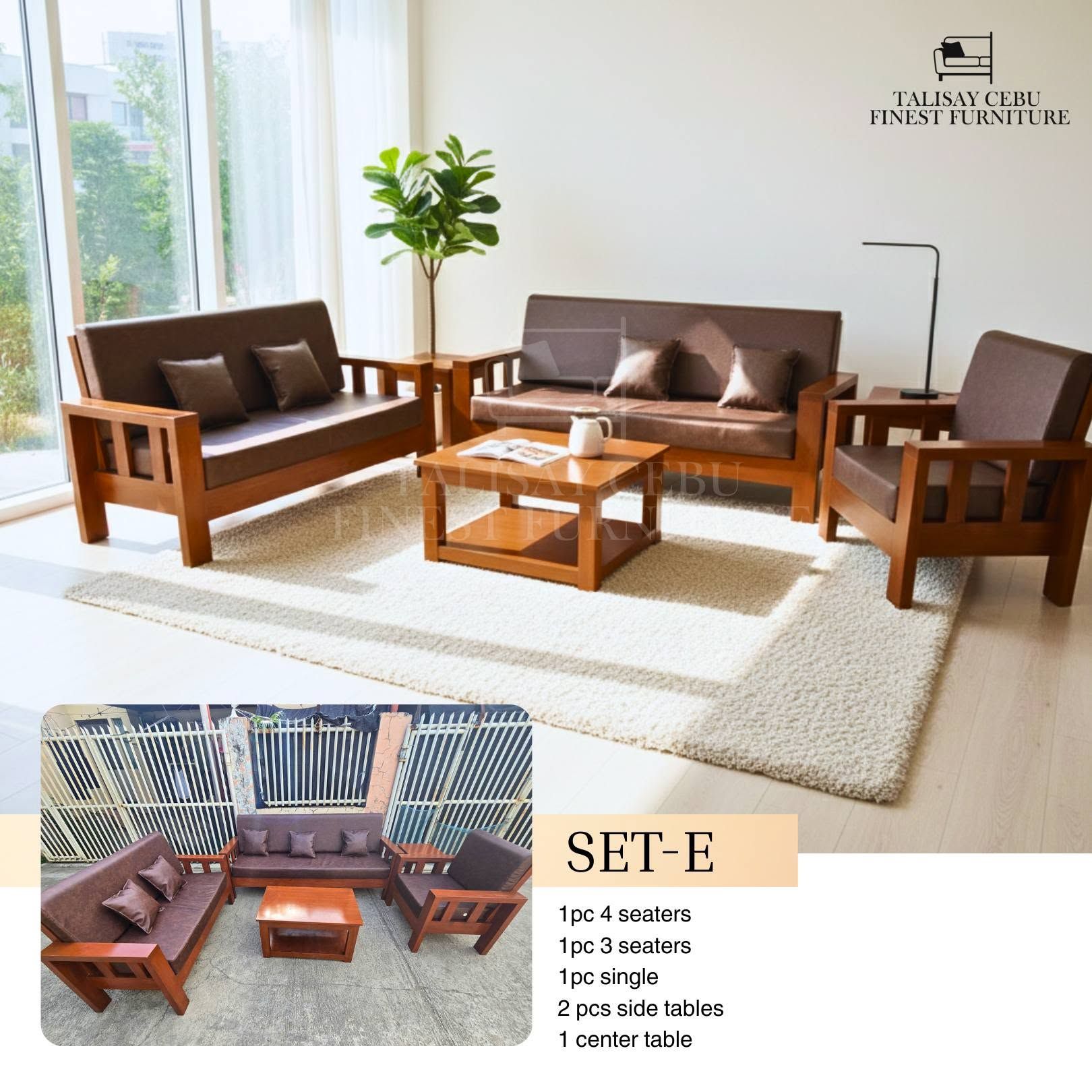 The pieces feature warm, medium-toned wooden frames built with open, blocky slat-style armrests.
