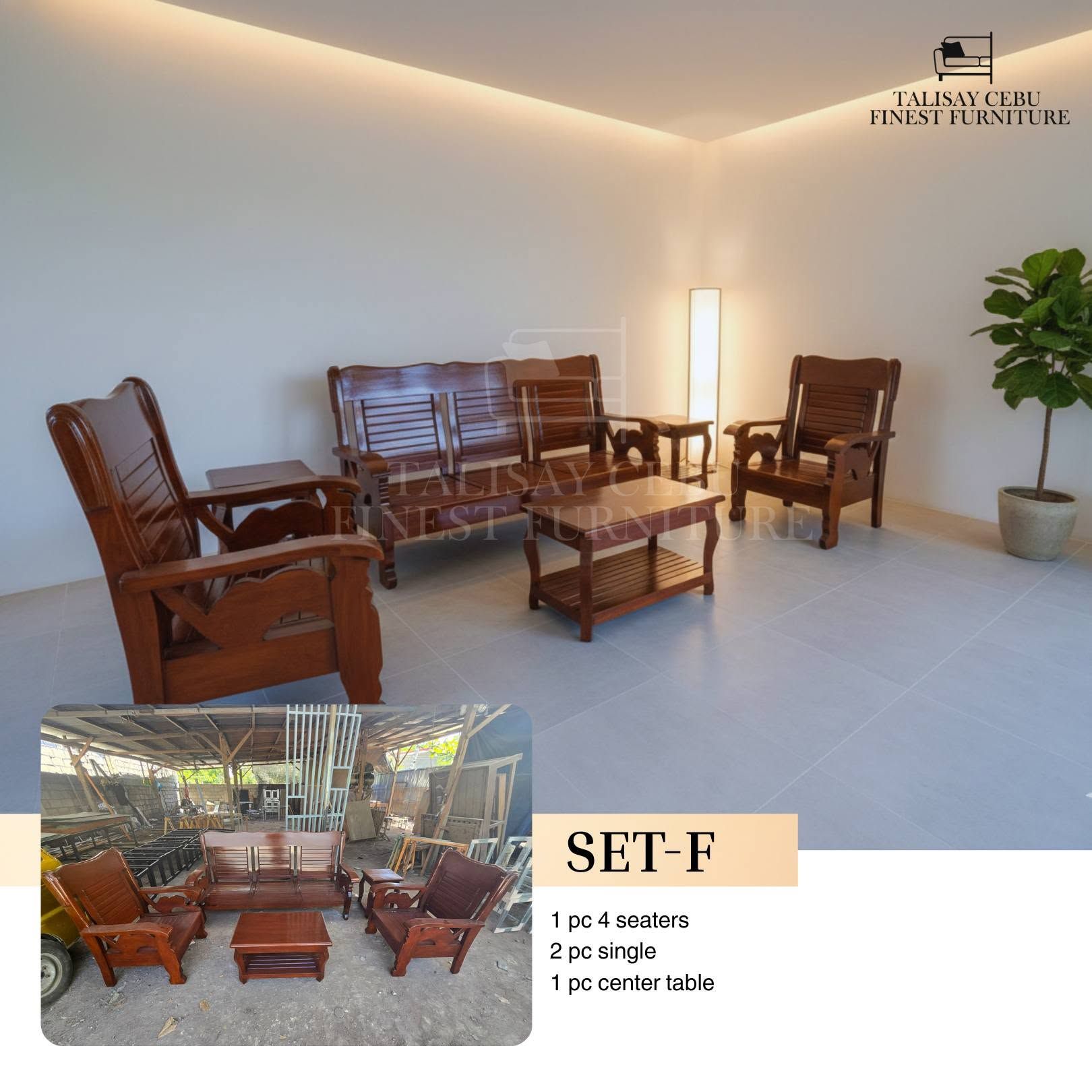 Unlike previous sets with fabric cushions, this package features traditional all-wooden construction with an exposed, glossy rich reddish-brown finish.