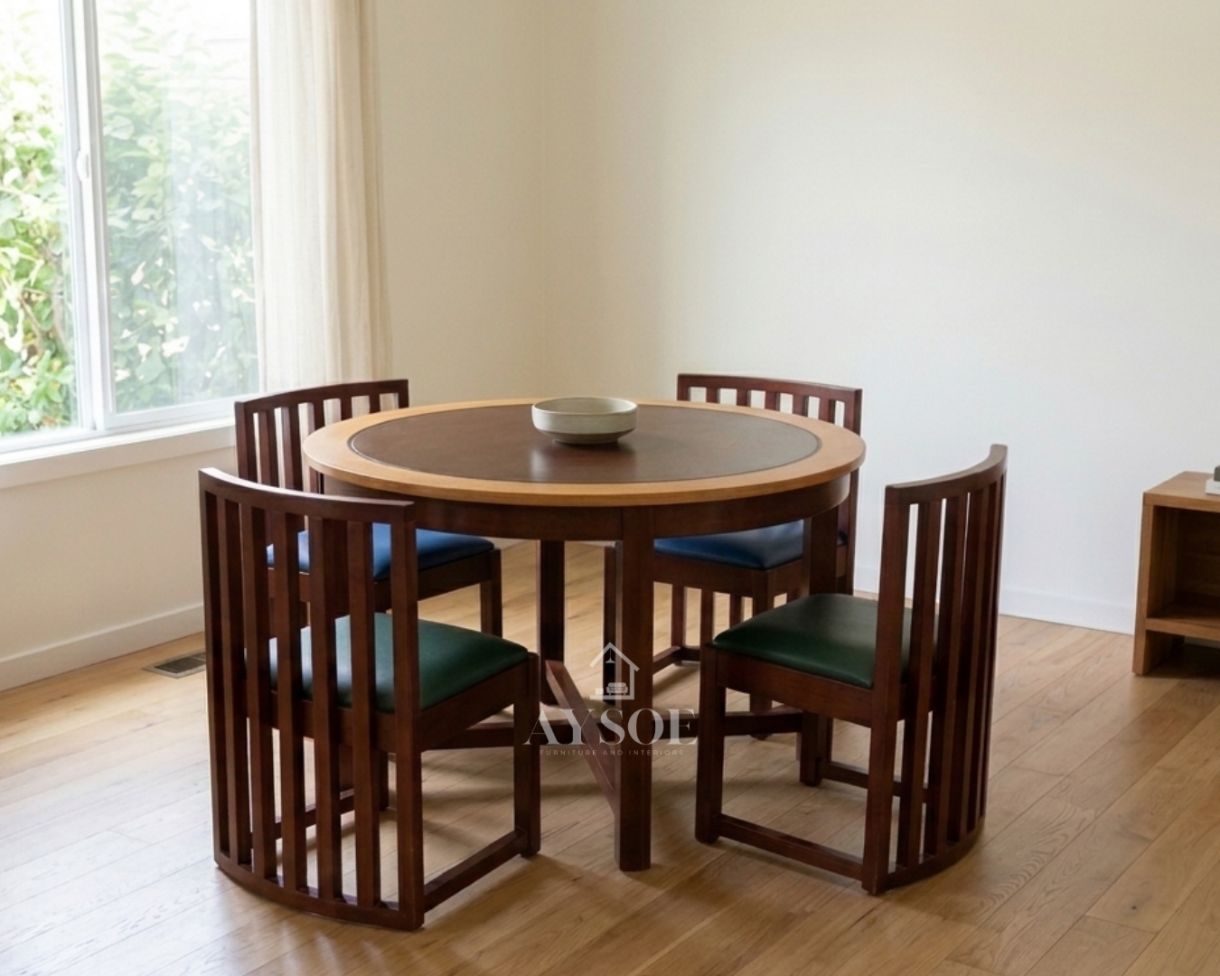 A round 4-seater dining set with a two-tone wood tabletop, a sturdy mahogany base, and four curved slatted-back chairs with cushioned seats in your choice of color. Solid wood, made to order.
