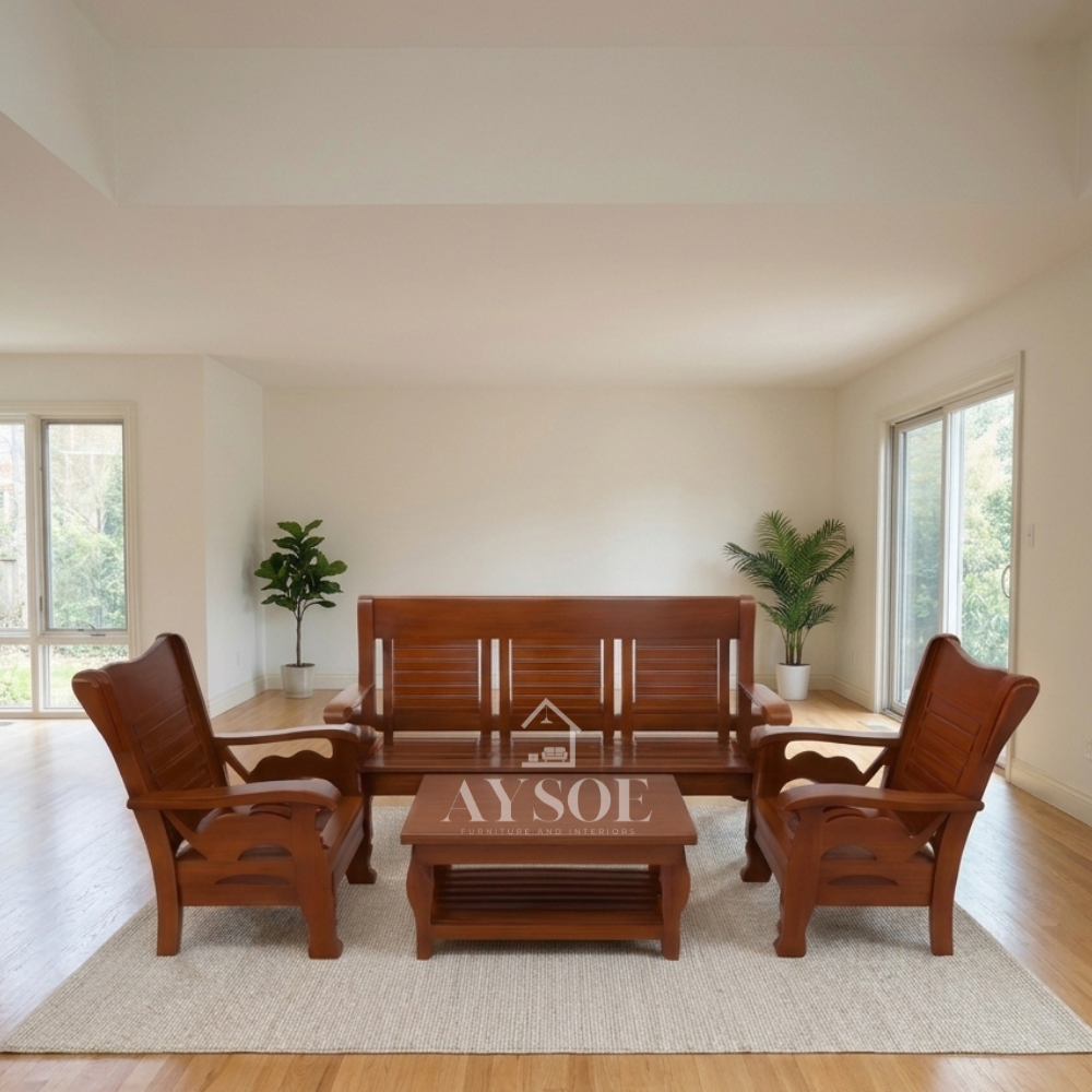 The backrests feature vertical wooden slats, and the lower frame components have classic scalloped or curved detailing.
