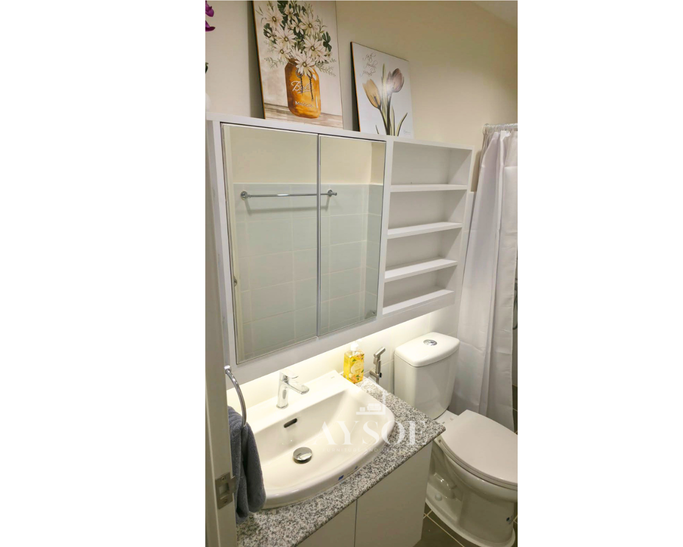 A complete custom condo set with a marble-look TV wall, floating vanity, mirror wardrobe, slim shoe cabinet, and bathroom mirror cabinet with shelves. Stylish, space-saving, and built to fit.