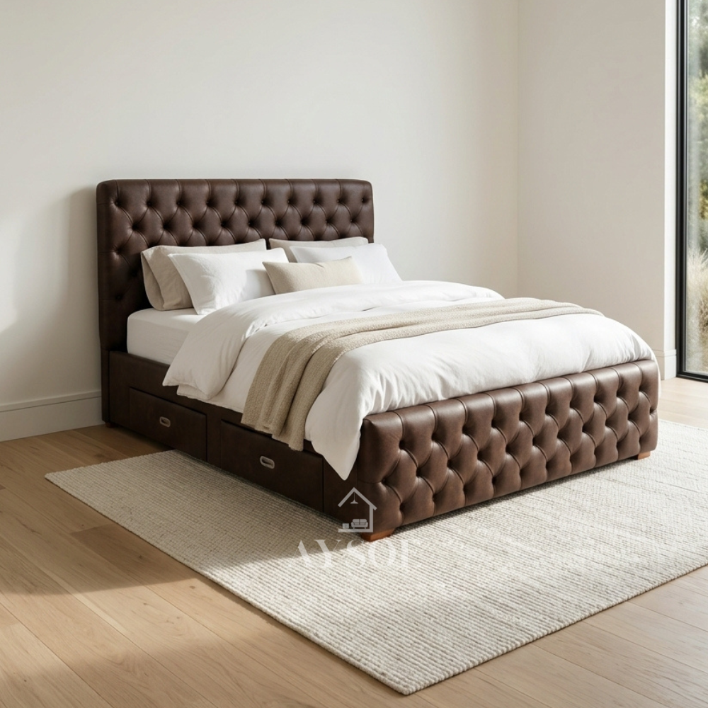 Chesterfield-style bed in chocolate-brown leatherette with a tufted headboard and footboard. Warm wood pull-out side drawers add built-in storage. Available in various sizes, in fabric or leather.