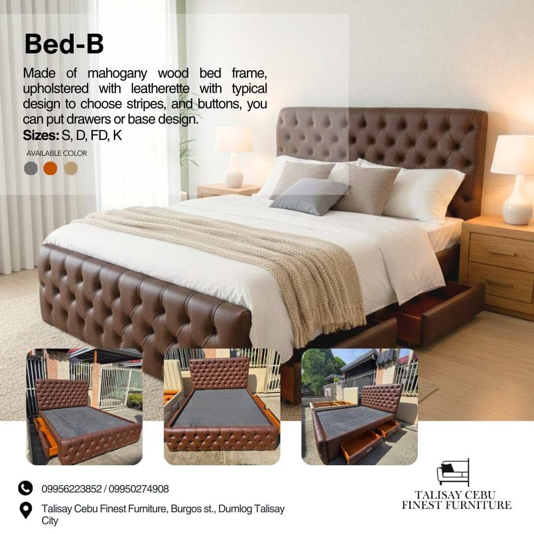  A brown leatherette-upholstered frame with deep diamond tufting on both the headboard and the footboard.