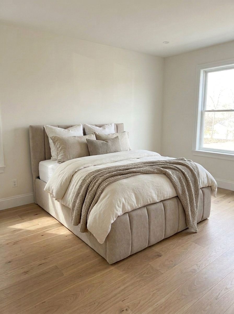 A modern upholstered bed in soft light gray fabric, with vertical channel panels on the headboard and footboard. The gas-lift slatted base opens to one large under-bed storage space.