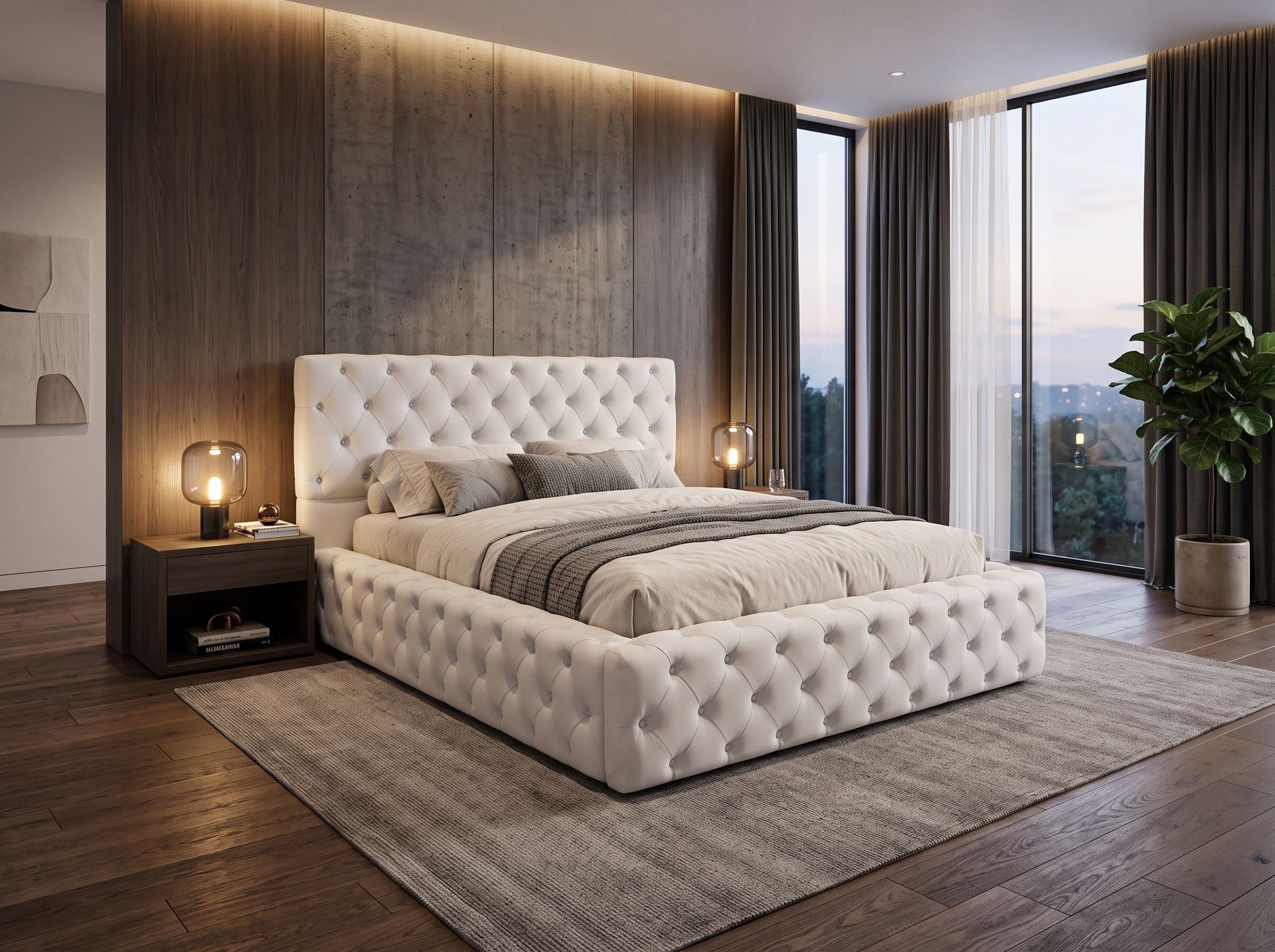 Sleep in luxury on this white button-tufted bed, with a tall padded headboard and a plush, wraparound footboard for a statement bedroom look
