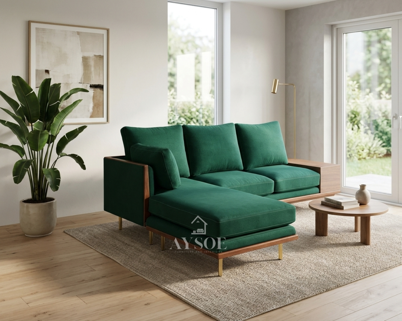 A mid-century L-shaped sofa in rich emerald velvet-style fabric, with a deep left chaise, plush loose cushions, a walnut base, brass-gold legs, and a built-in storage side table. Bold, comfortable, made to order.