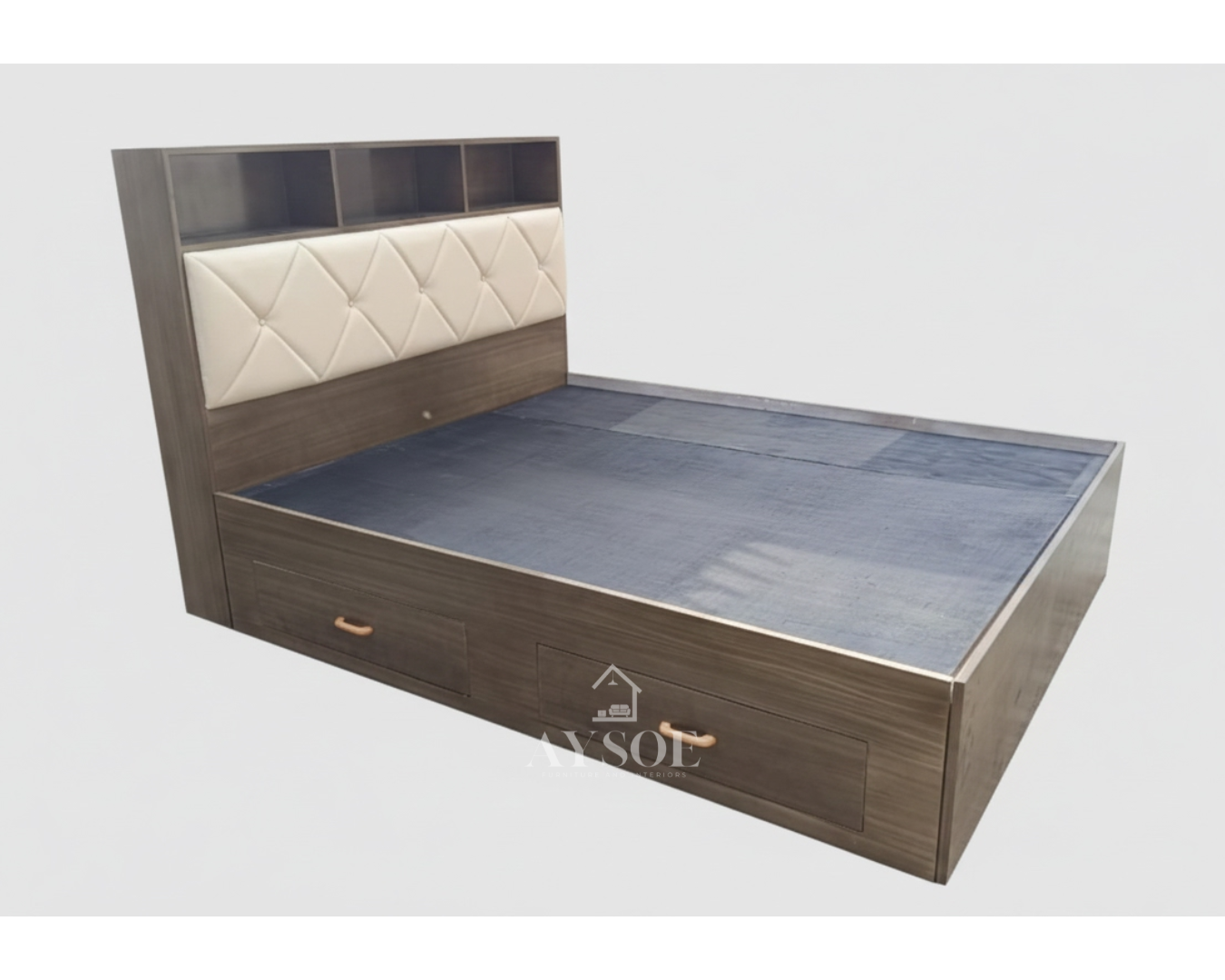 A platform bed in a dark wood-grain finish, with a shelf headboard, a cream tufted cushion panel, and two roomy side drawers. Built-in storage for small rooms.