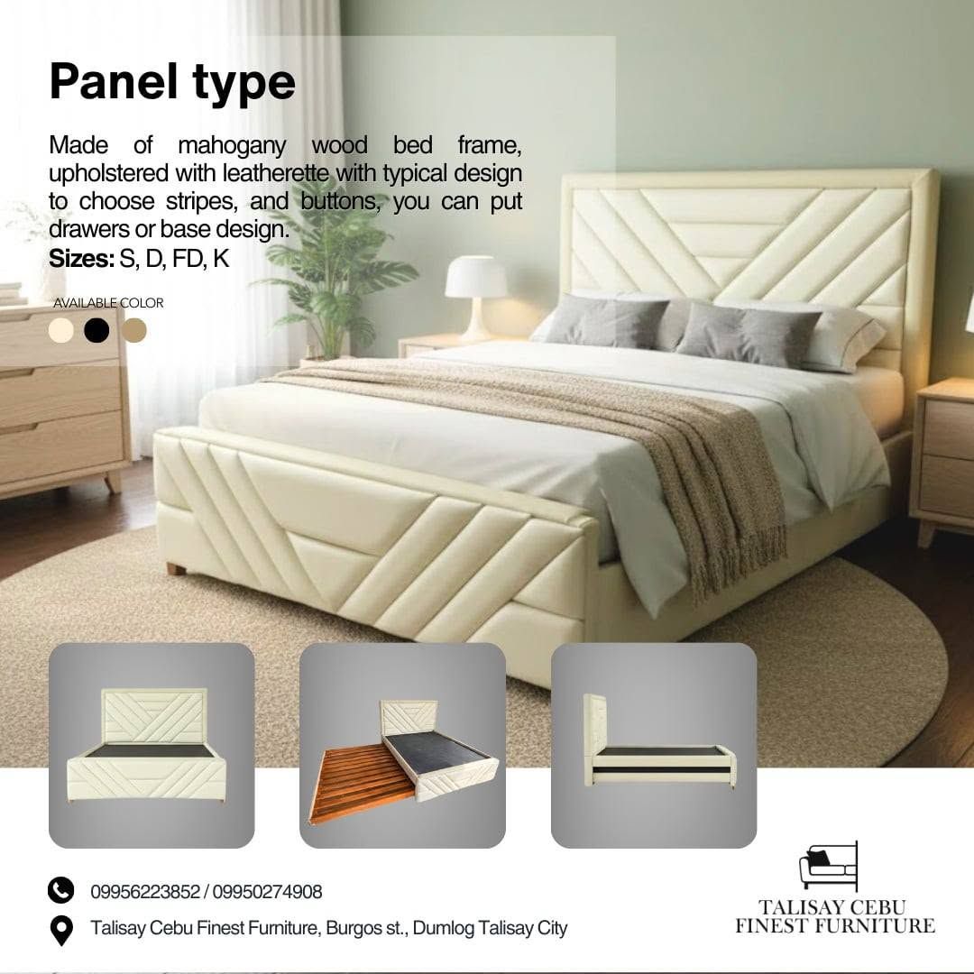A mahogany wood frame upholstered in a clean, off-white or cream leatherette. 