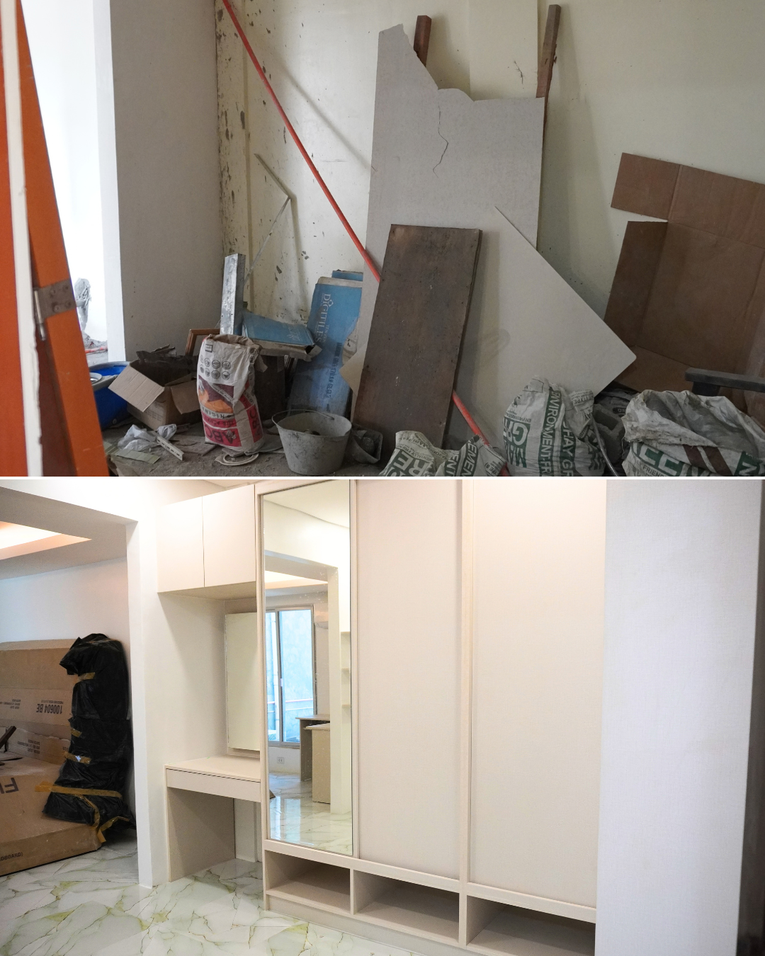 From cluttered corner to a clean, built-in wardrobe with a full-length mirror and vanity nook.