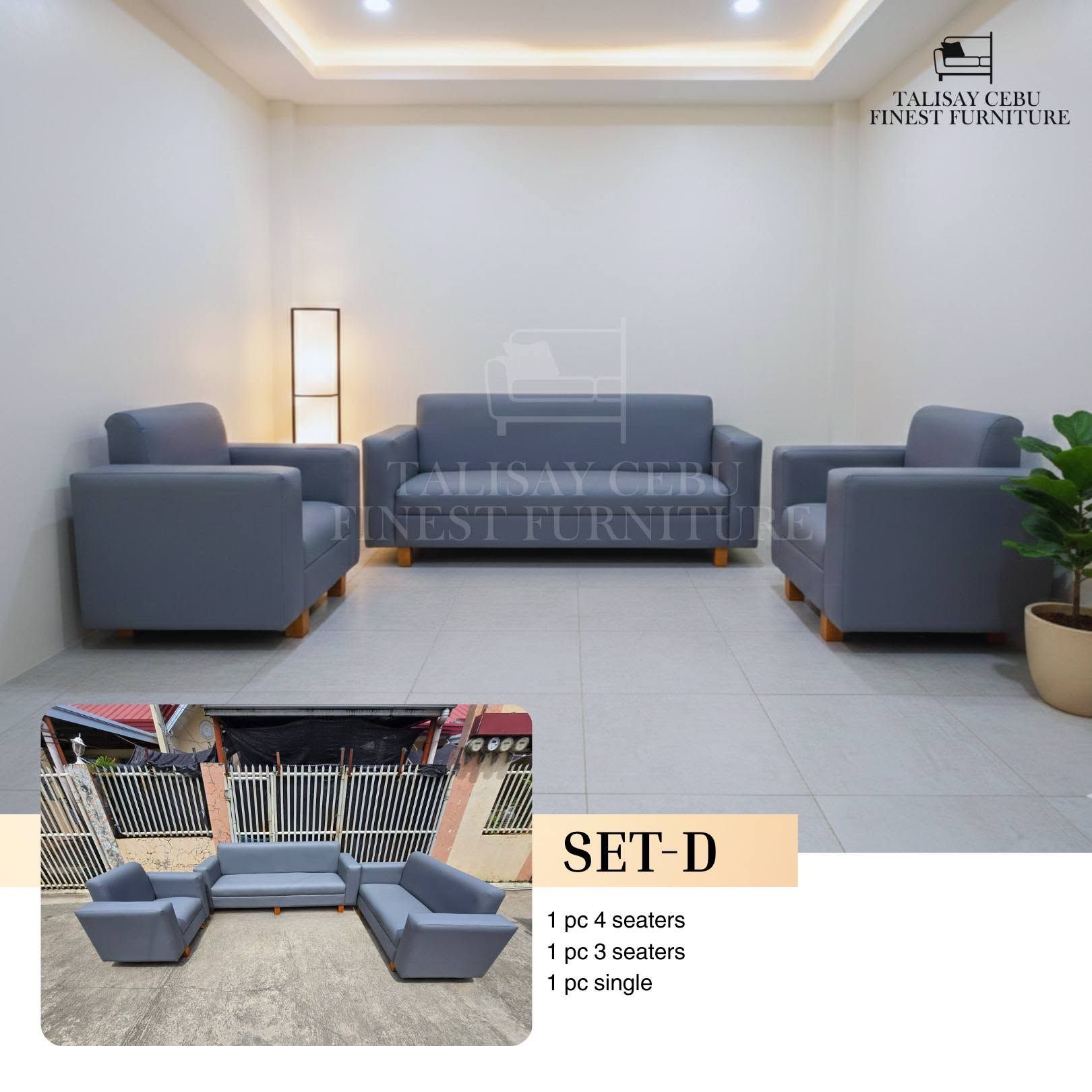 The Seating Arrangement: A long 3-seater sofa anchors the back wall, flanked symmetrically by two large, deep matching single-seater armchairs facing inward.