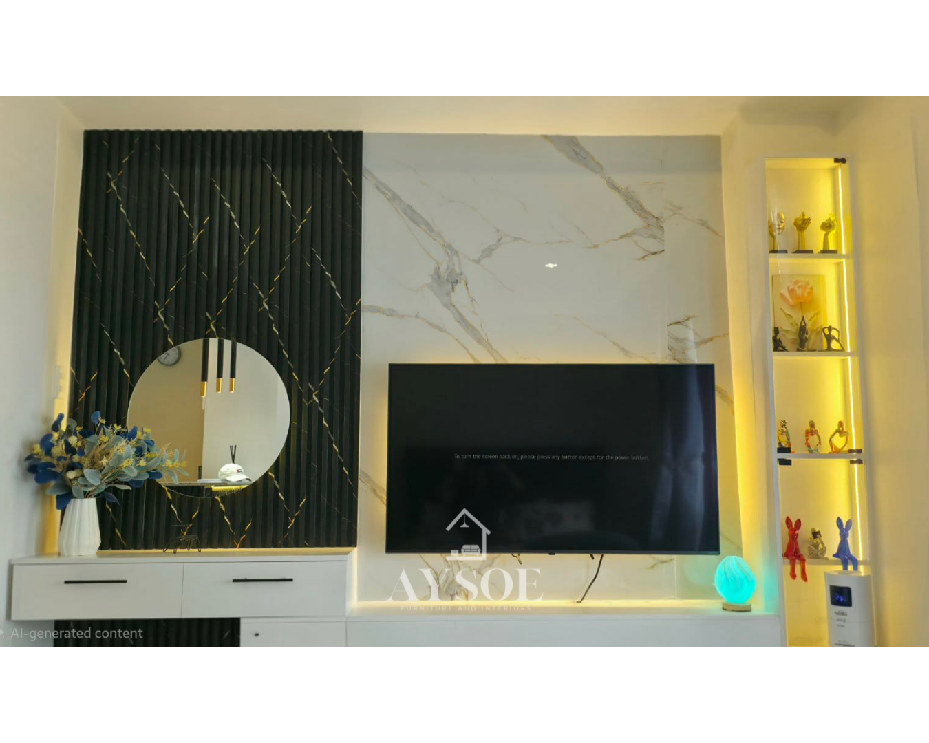 A complete custom condo set with a marble-look TV wall, floating vanity, mirror wardrobe, slim shoe cabinet, and bathroom mirror cabinet with shelves. Stylish, space-saving, and built to fit.