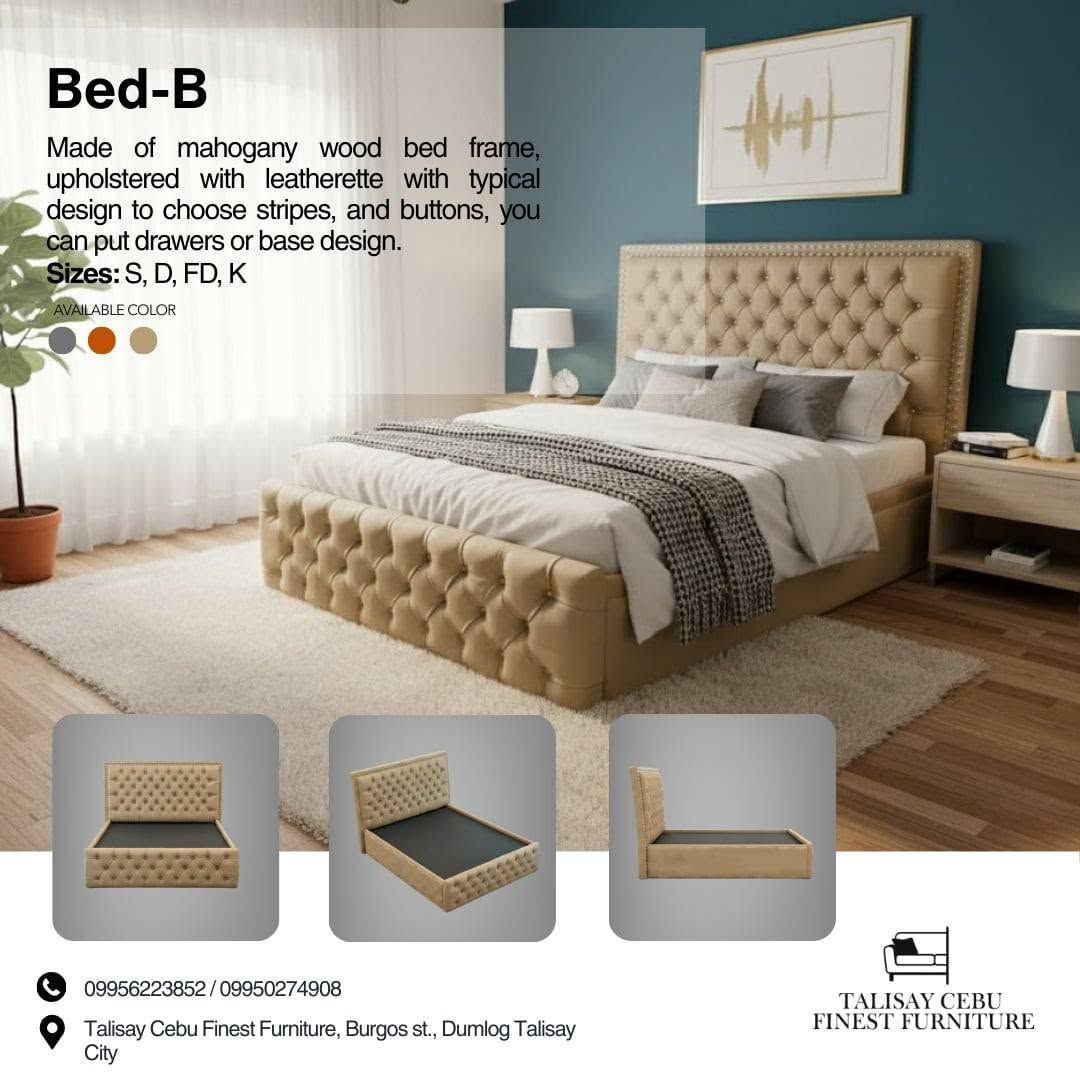 The mahogany frame is upholstered in a light cream or tan leatherette. It retains the signature diamond button-tufting on both the headboard and the footboard, accented with small metal nailhead trim along the borders.