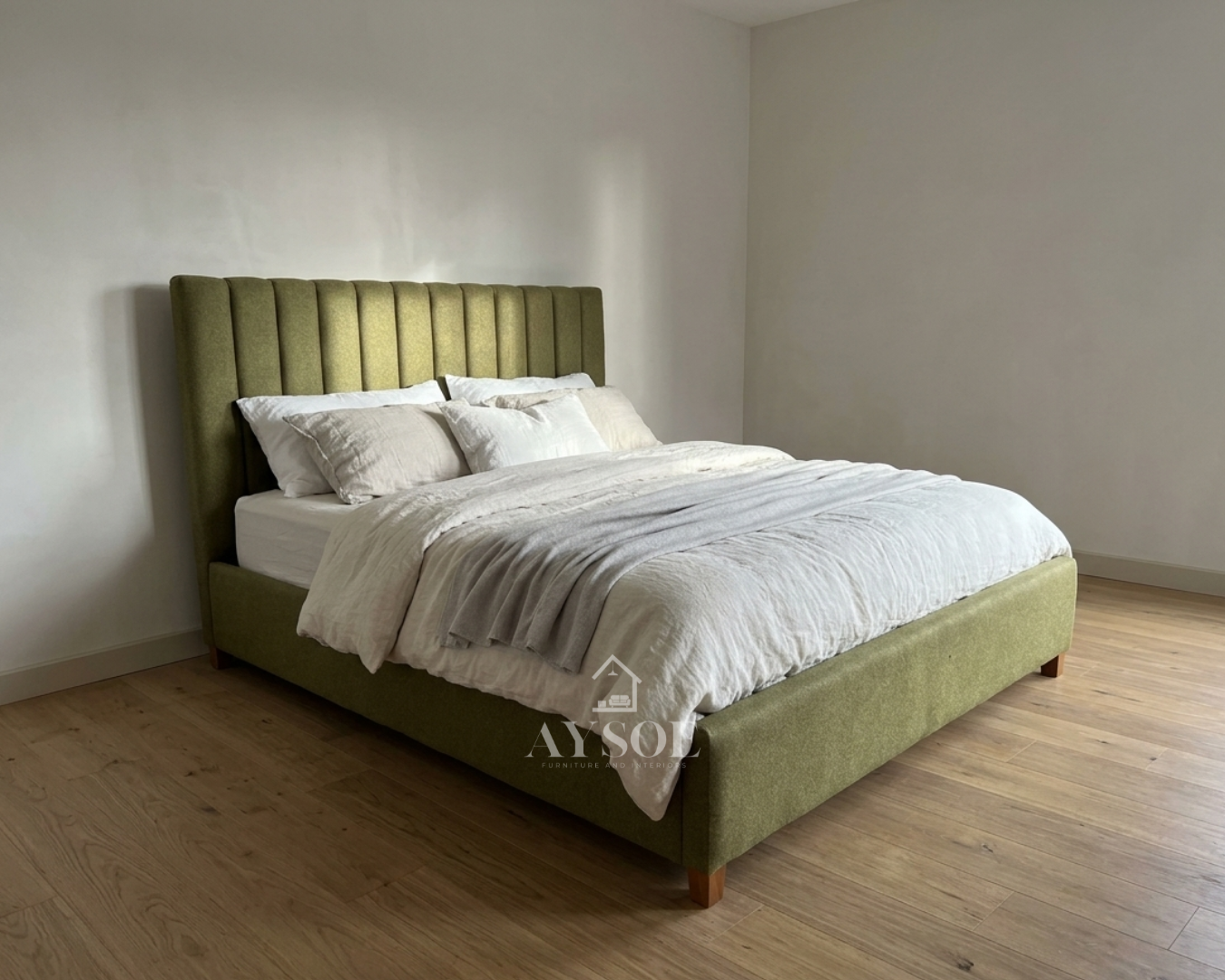 A modern platform bed frame upholstered in textured olive-green fabric, with a tall channel-tufted headboard and padded side rails. Stylish, sturdy, and easy to keep clean.
