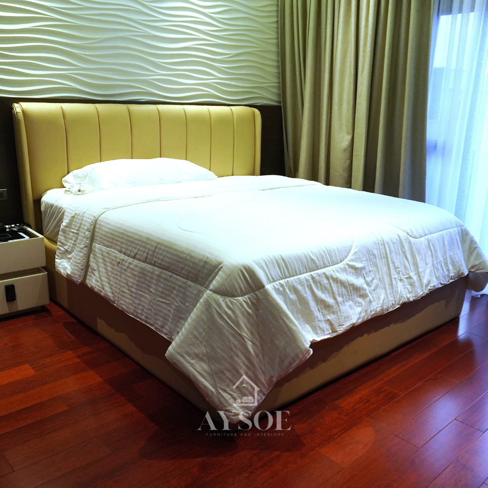 Queen bed frame in dark walnut, in a Talisay home