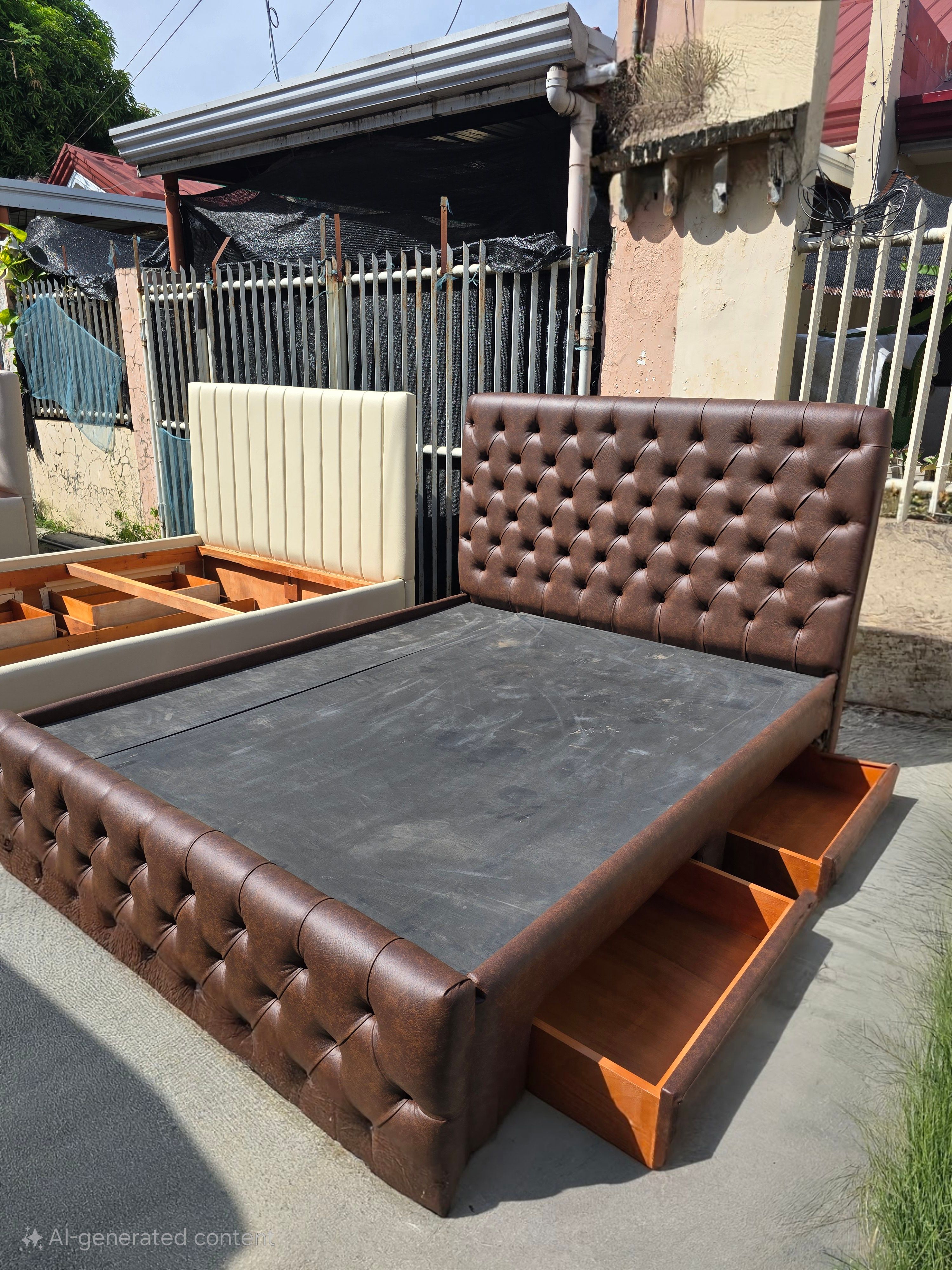 Chocolate Brown Tufted Leatherette Platform Bed with Side Drawers