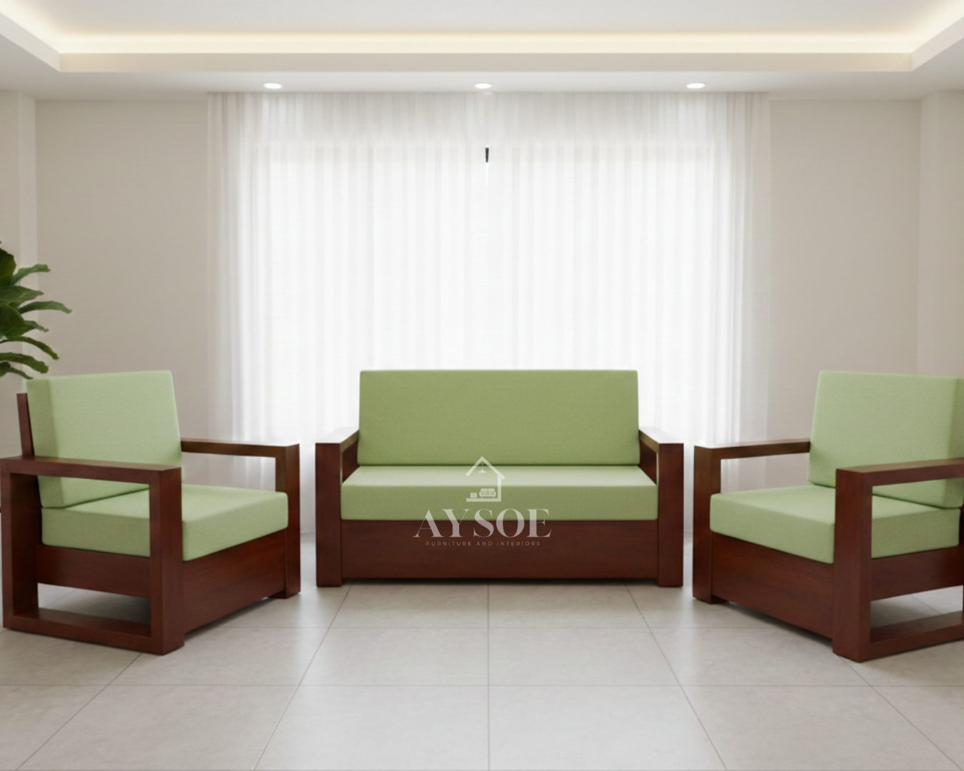 A compact 3-piece living set with a deep mahogany-finish solid wood frame and bright lime-green cushions: a two-seater loveseat and two matching armchairs.