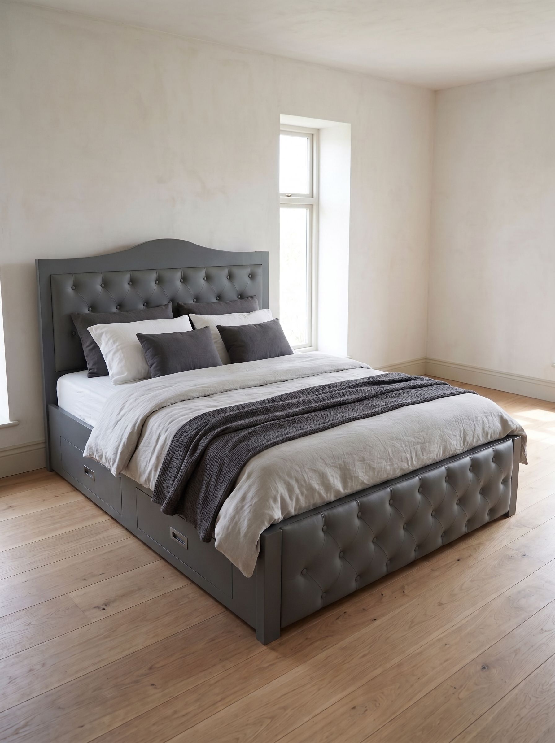 A classic storage bed in soft slate gray, with an arched wood-framed headboard, button-tufted leatherette panels on the headboard and footboard, and built-in side drawers with recessed metal pulls.