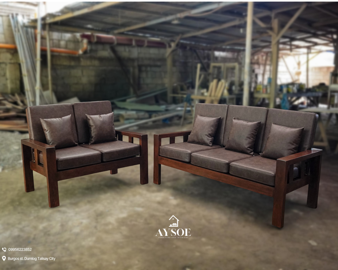 A 2-piece living set with a dark walnut-finish solid wood frame and chocolate-brown leatherette cushions: a three-seater sofa and a two-seater loveseat. Sturdy, wipe-clean, made to order.