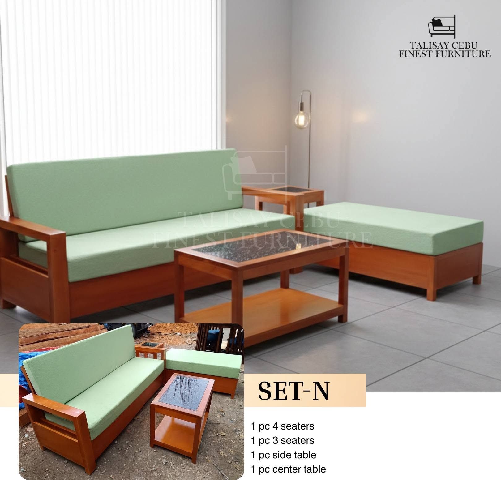 The structured seat and back cushions are upholstered in a contrasting light sage green or mint green fabric.