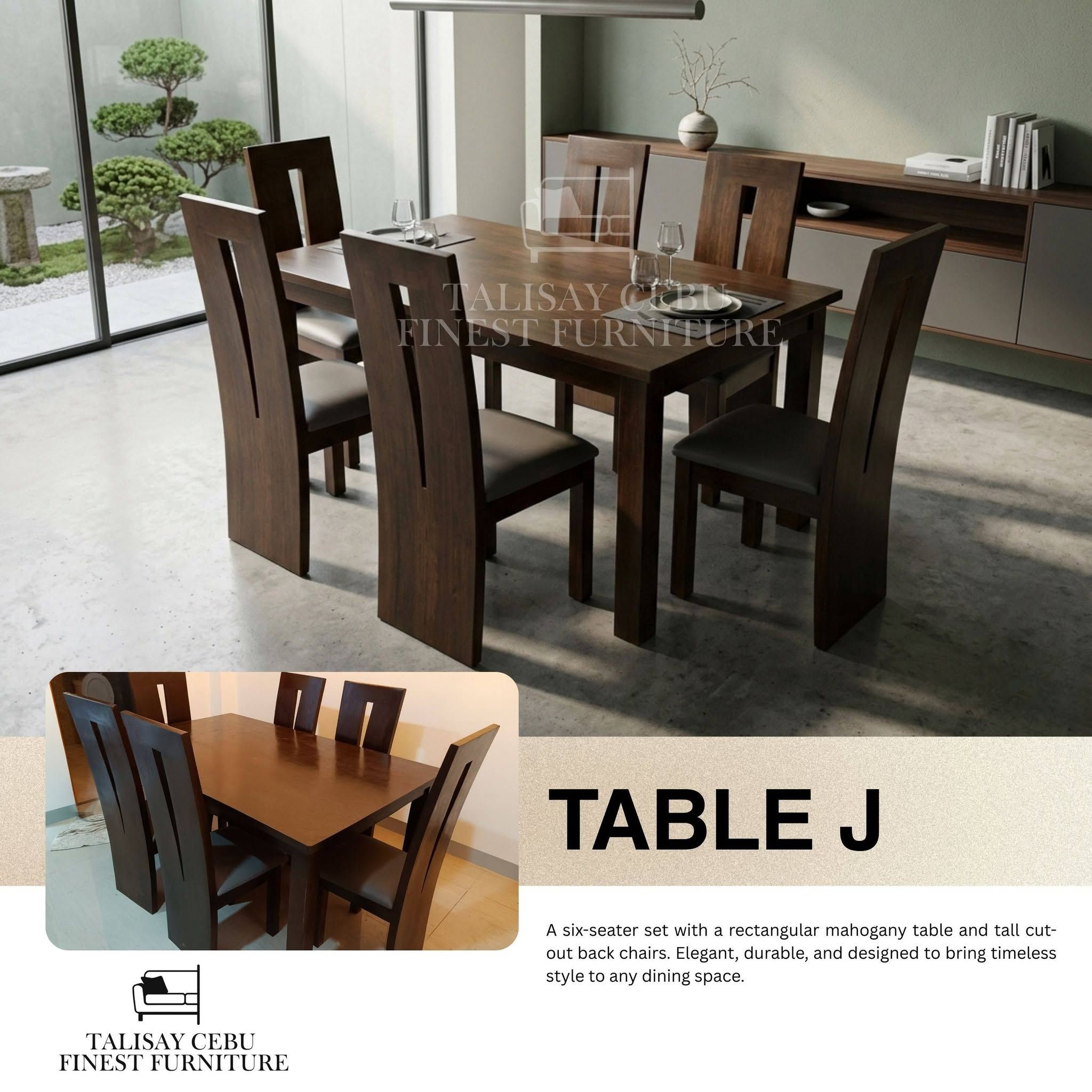 A large, rectangular wooden dining table with clean lines and thick, solid corner legs.