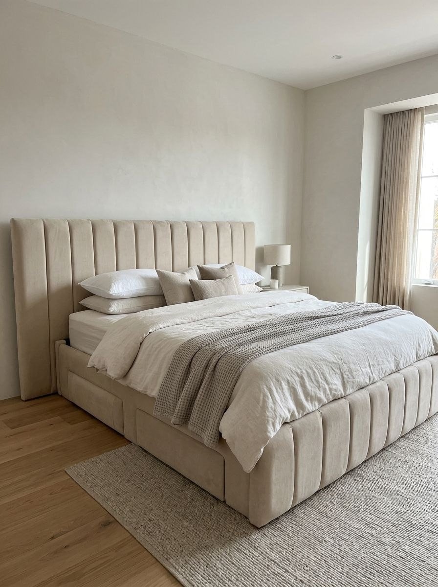 A calm, modern storage bed in soft sand-beige fabric, with an oversized vertical channel headboard, a matching channel footboard, and four upholstered side drawers that blend into the frame.