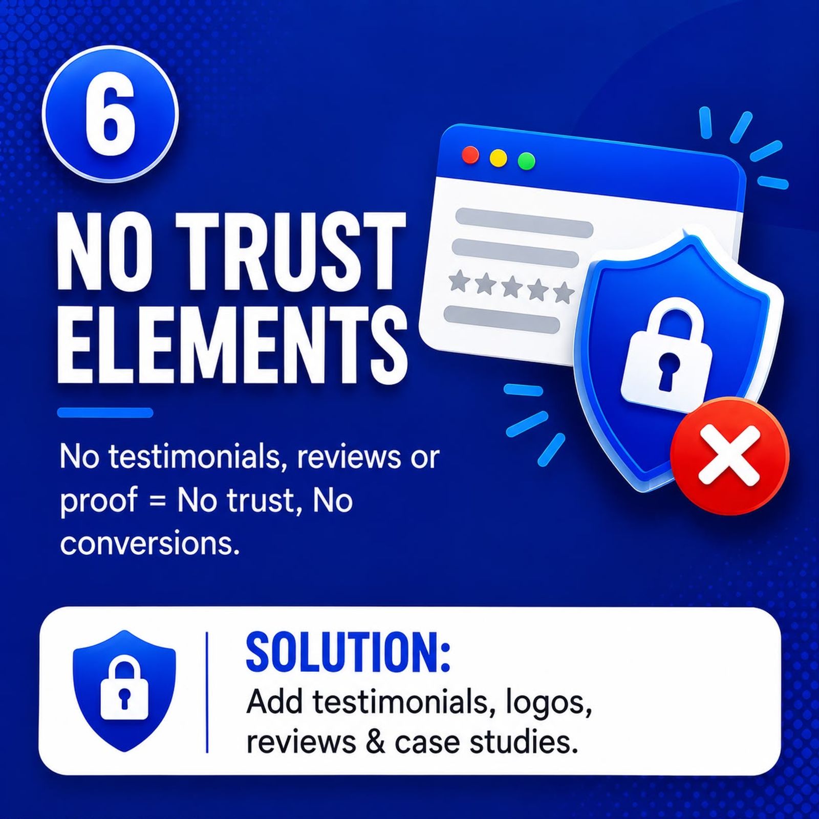 No trust elements on landing page — solution: add testimonials, reviews and case studies