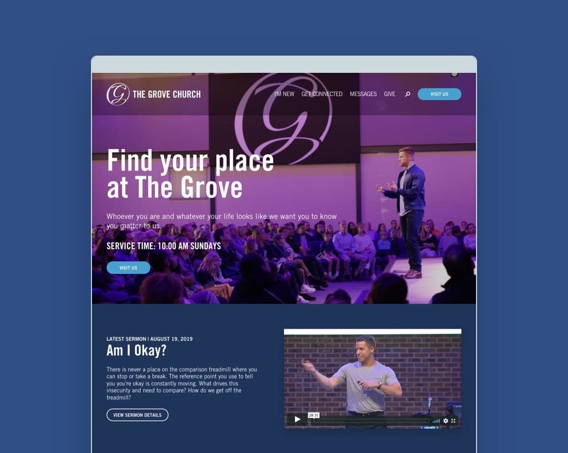 A blue themed church website called The Grove Church