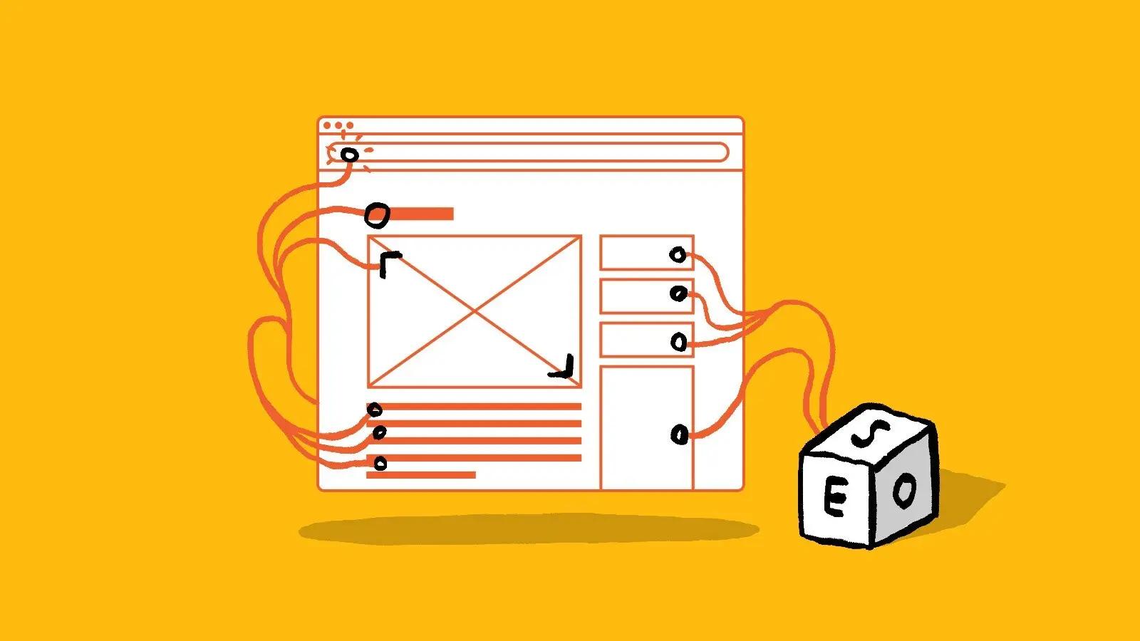 Illustration of webpage layout with SEO elements and cube