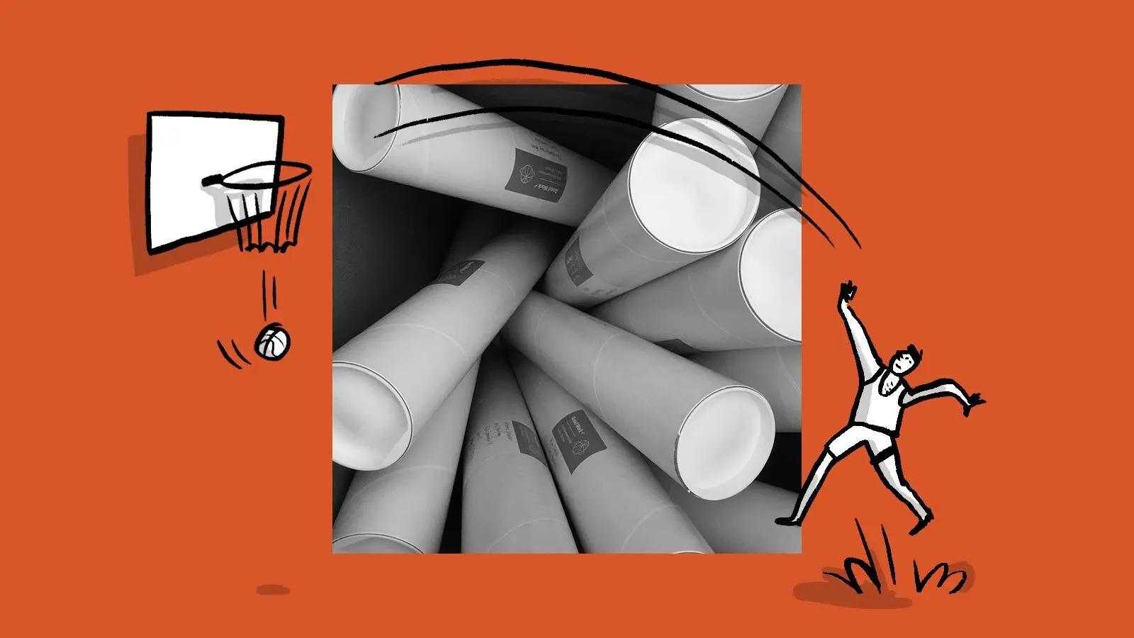 Illustration of basketball hoop and ball for March Madness bracket