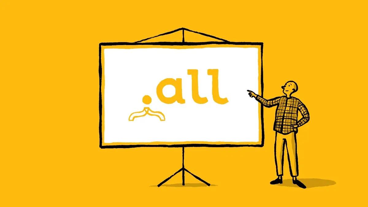 Person presenting at conference screen showing dot all logo