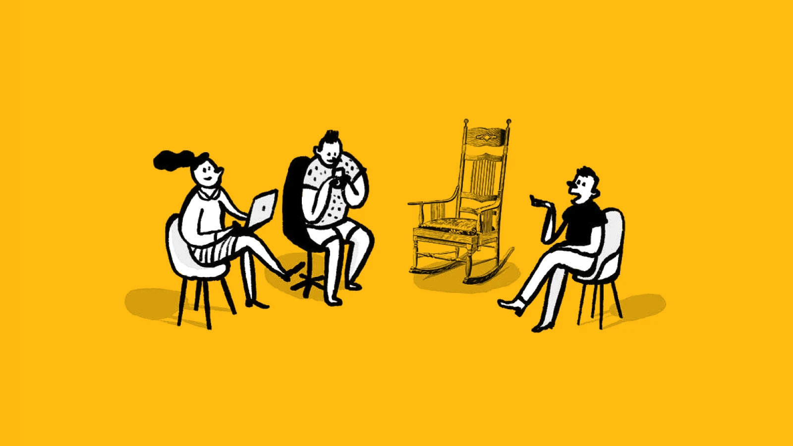 Illustration of people in conversation with empty rocking chair