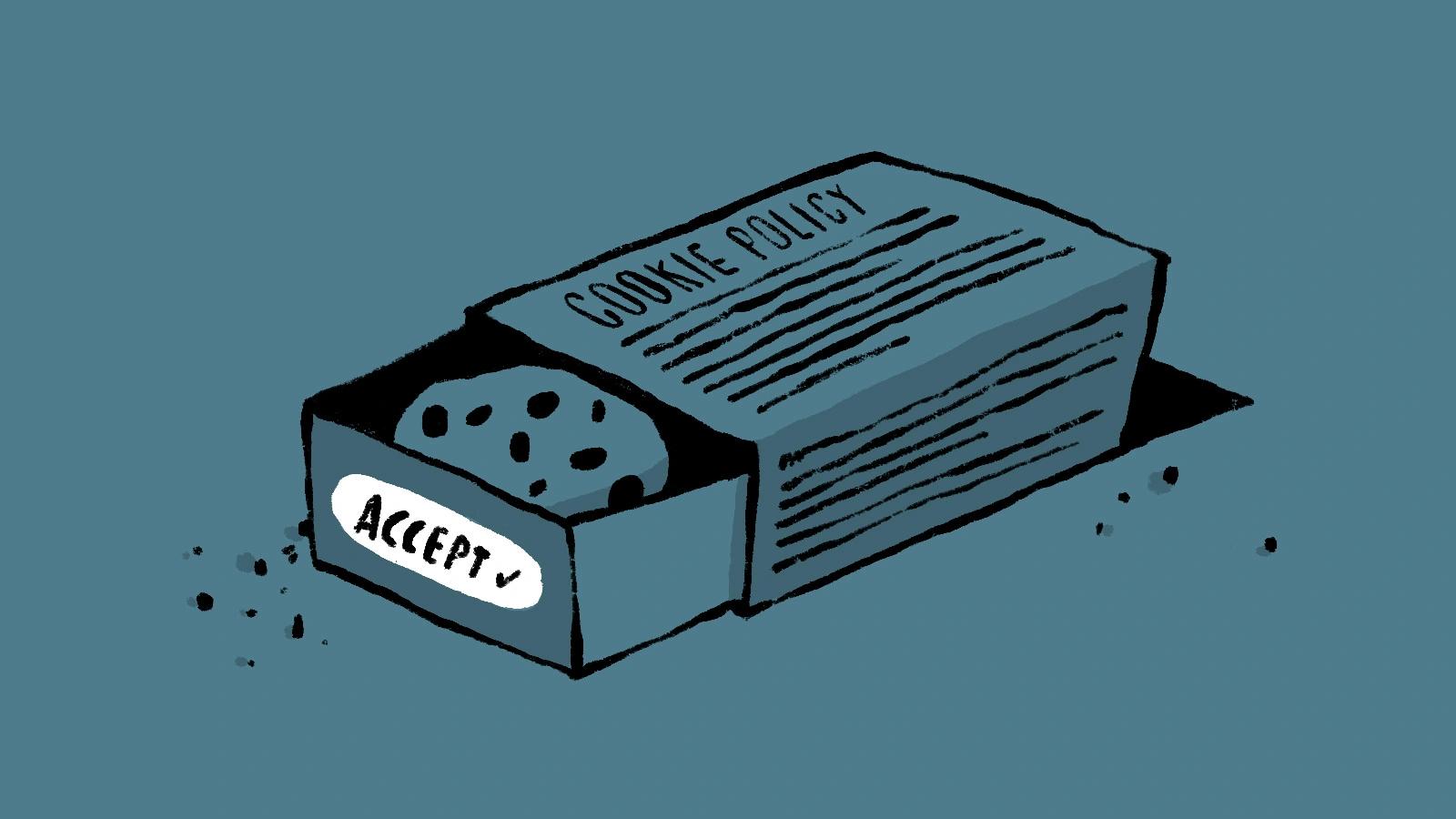 Illustration of cookie box with policy text and accept button