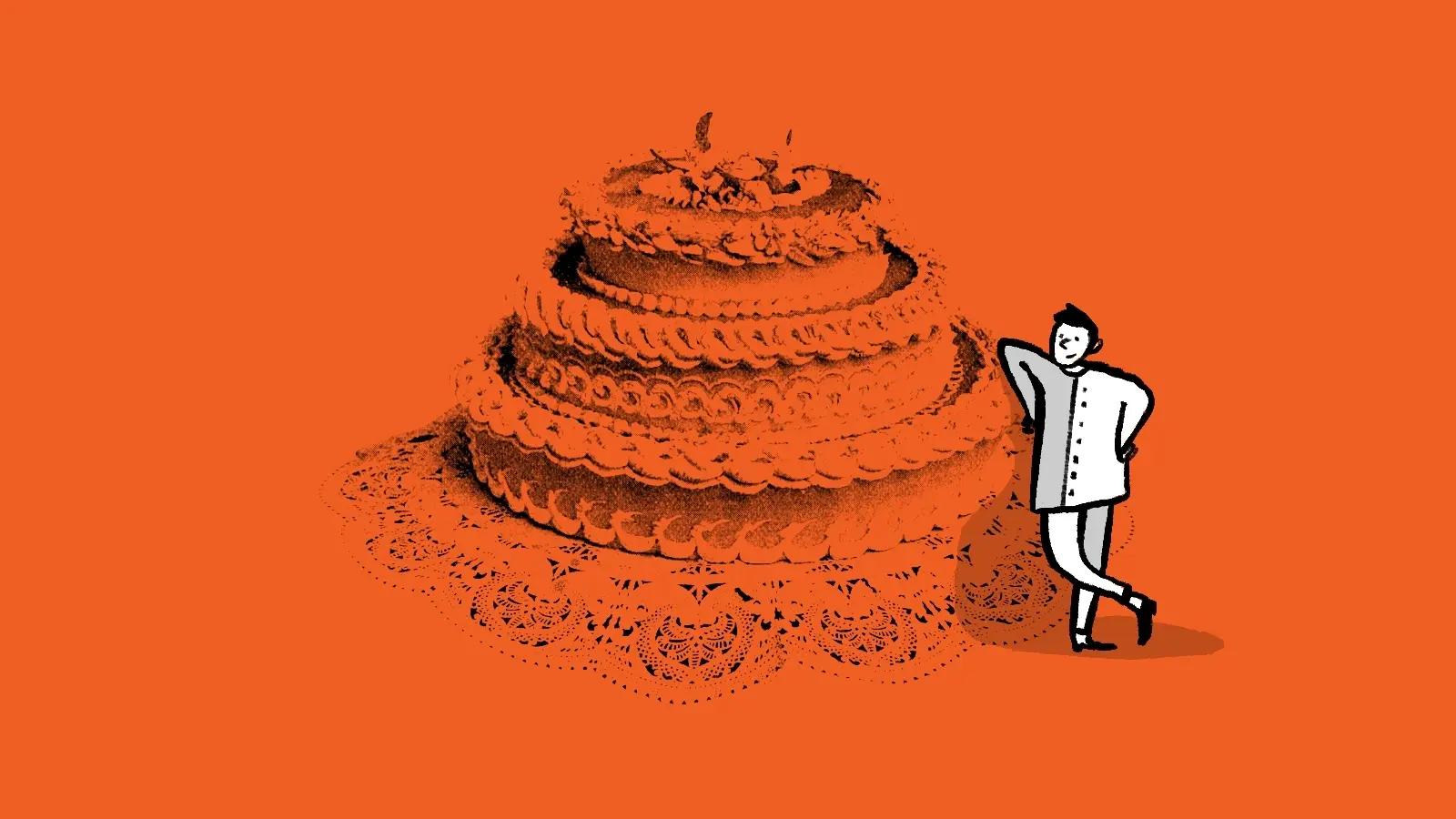 Illustration of person standing next to large tiered cake